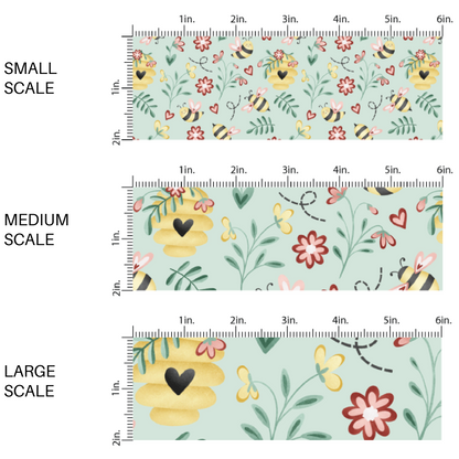 Aqua Fabric by the yard scaled image guide with bumblebees, hearts, and flowers