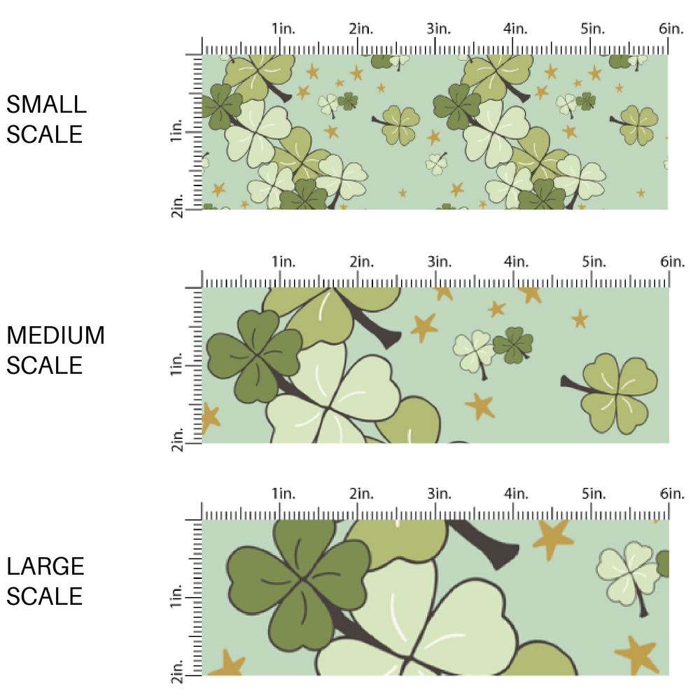 Gold dispersed stars and green clovers on a sage green fabric by the yard scaled image guide