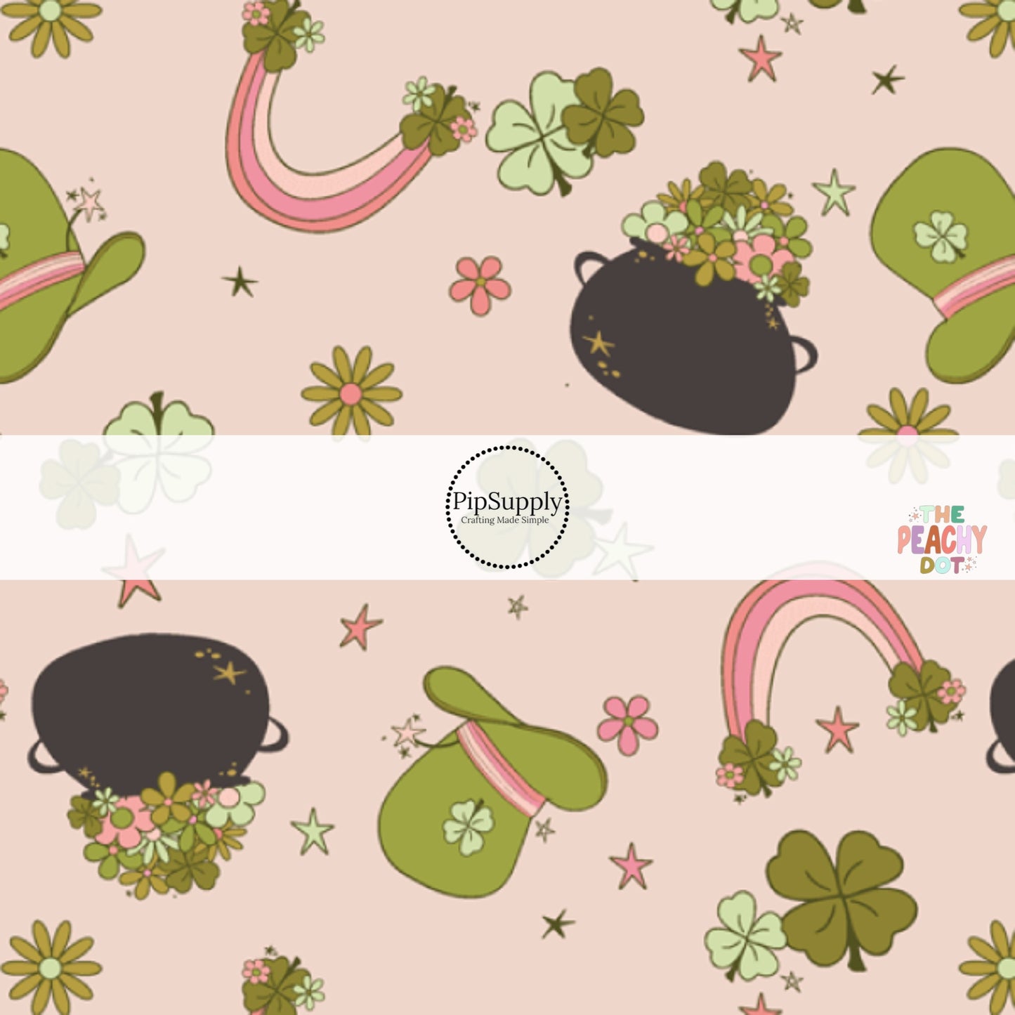 Light pink St. Patrick's Day fabric by the yard with rainbows, flowers, pots of clovers