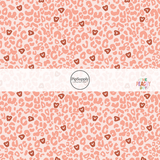 Pink Leopard print Fabric with dark red hearts - Fabric by the Yard