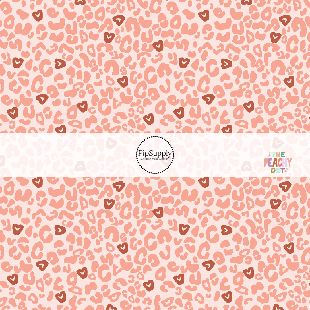 Pink Leopard print Fabric with dark red hearts - Fabric by the Yard