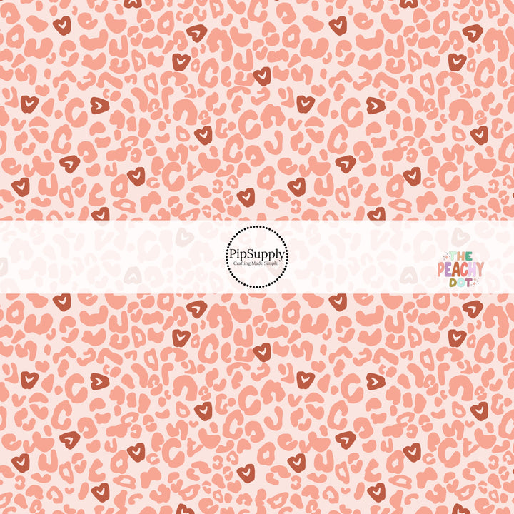 Pink Leopard print Fabric with dark red hearts - Fabric by the Yard