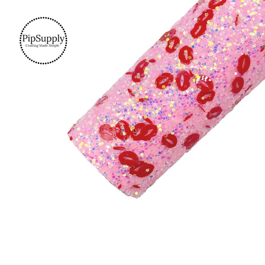 Pink with Red Lips Chunky Glitter Sheet - Valentine Day Chunky Mix Glitter Sheet