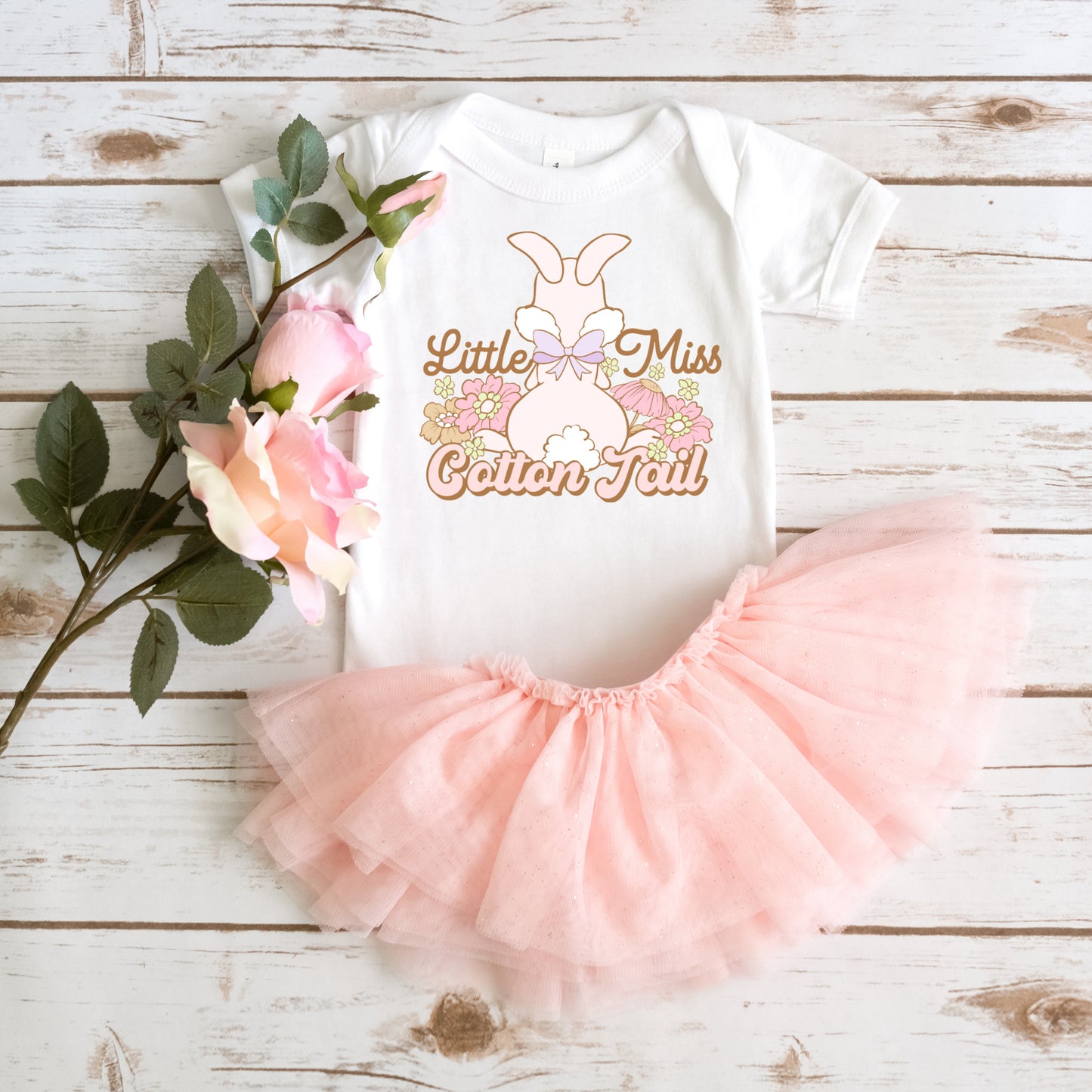 Light pink Easter Bunny with a lavender bow in a bed of pink flowers - Little Miss Cottontail DTF Sublimation Iron on Transfers 