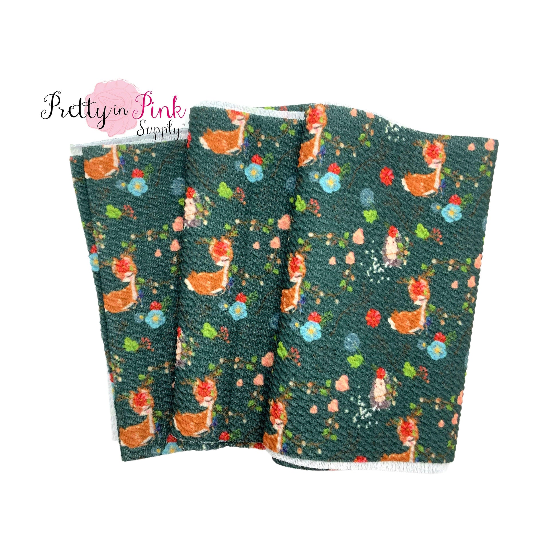 Dark Green Liverpool Fabric Strip with Deer and Hedgehog Floral Pattern