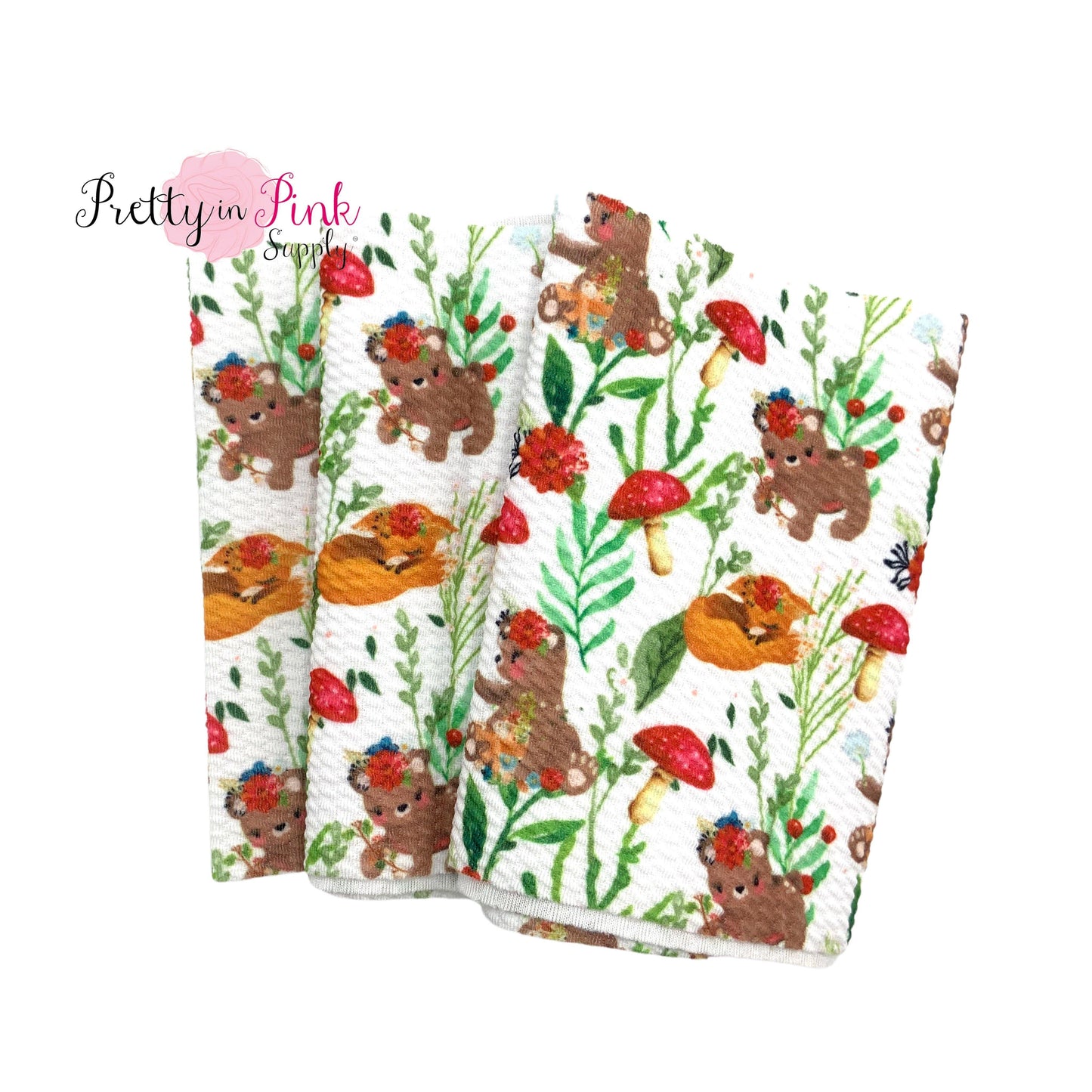 White Folded Fabric Strip with Bear, Fox, Mushroom, and Leaves Pattern