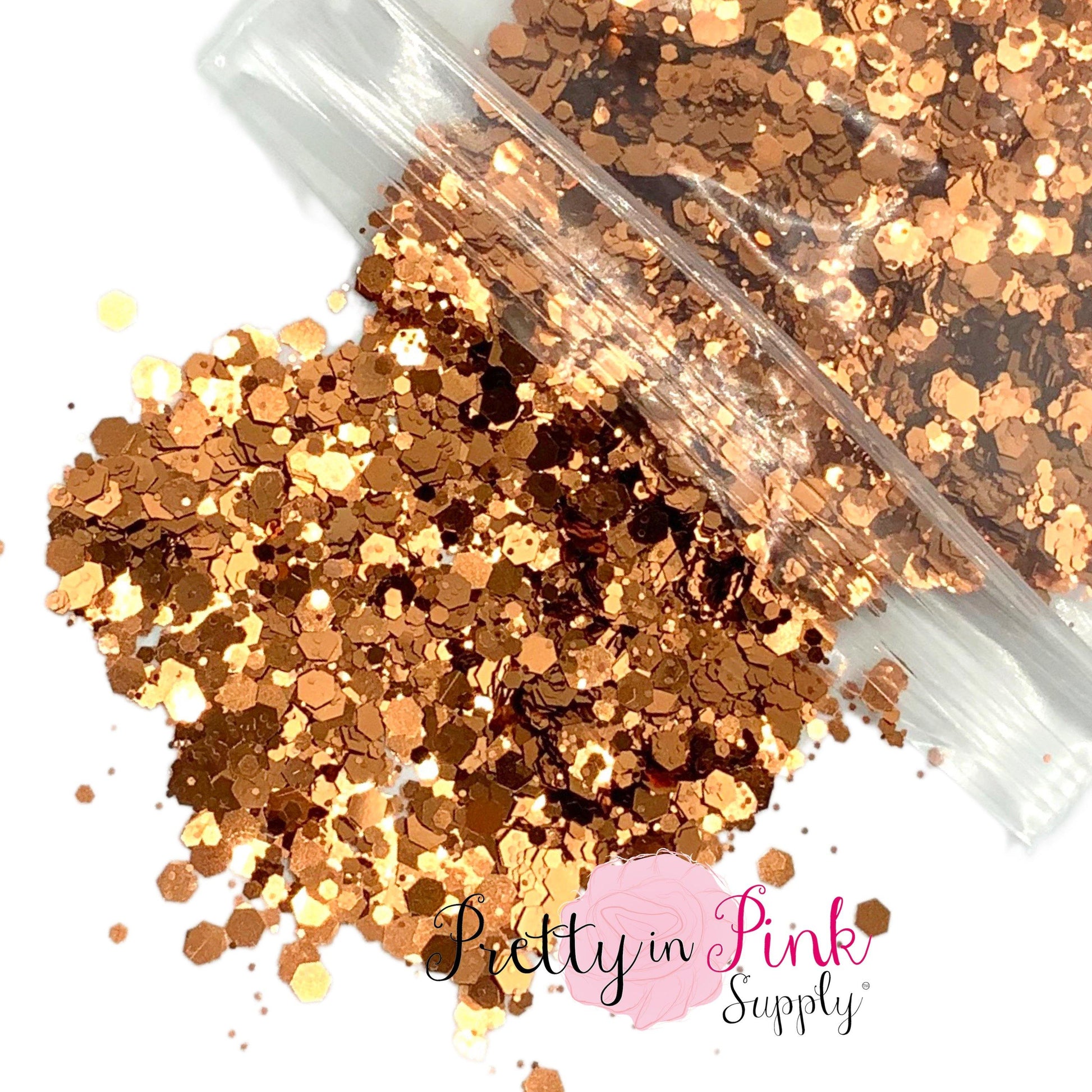 Spilling bag of copper metallic chunky glitter and fine glitter mix.