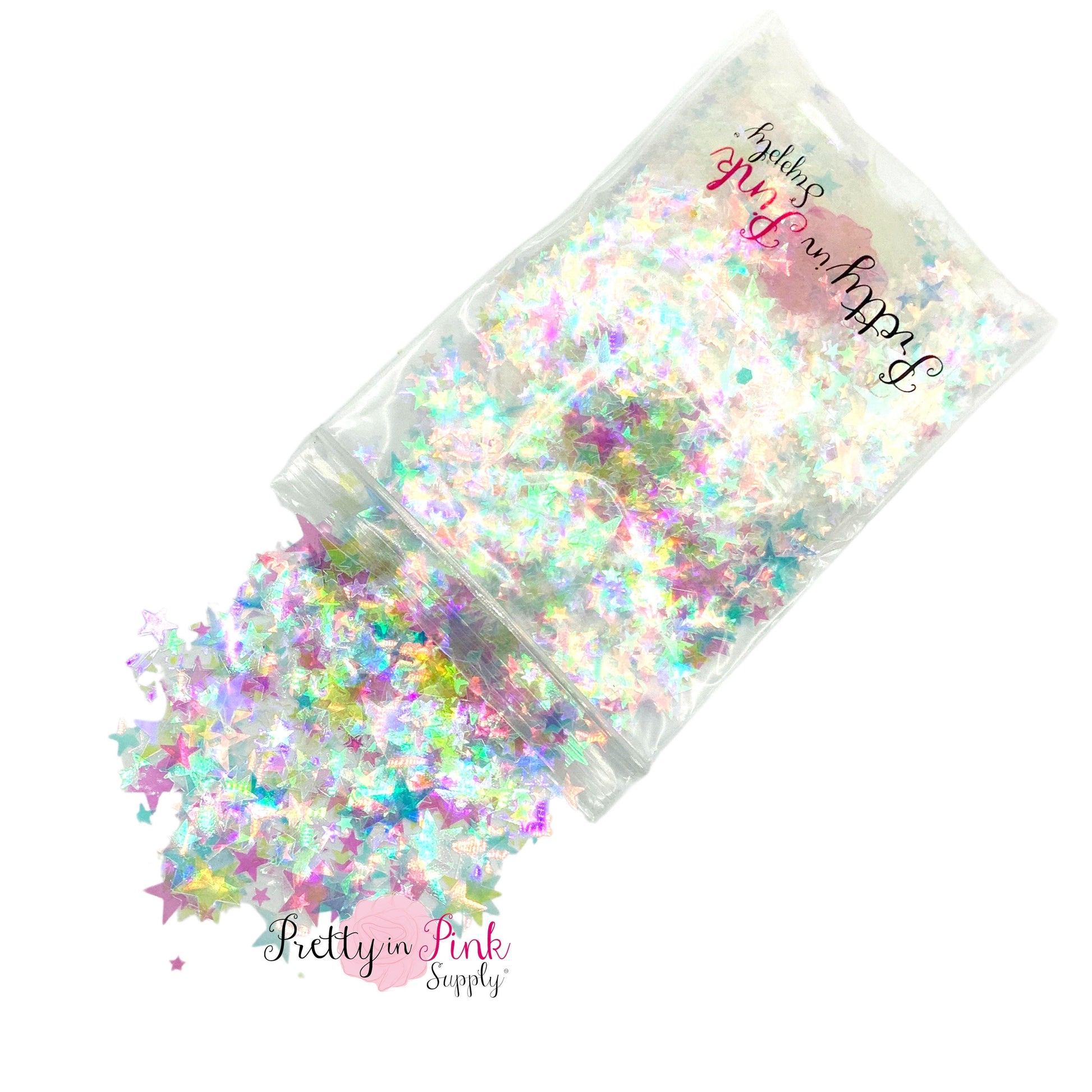 Spilling bag of clear holographic star glitter.