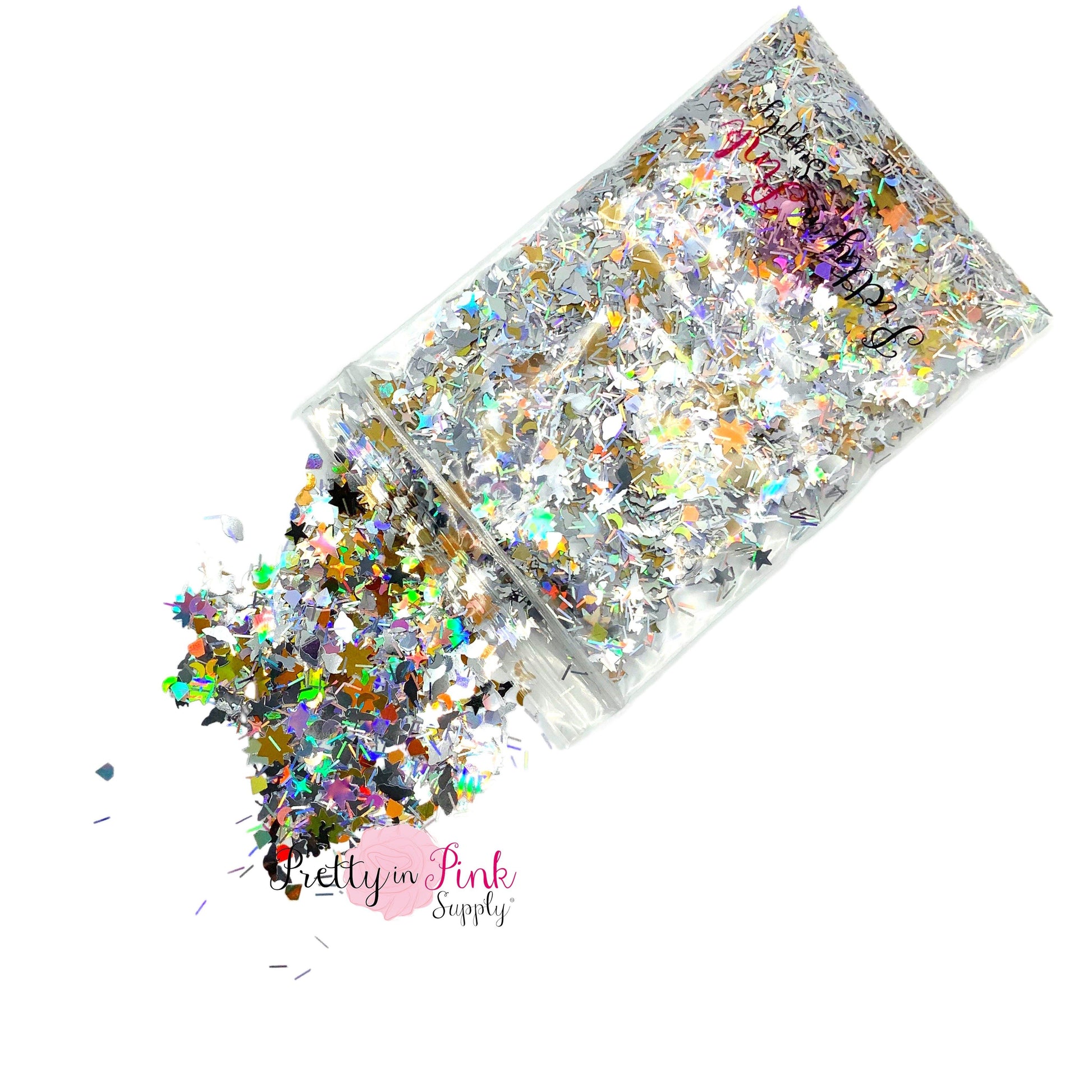 Spilling bag of holographic silver and gold chunky/fine glitter with shapes of stars, spaceships, astronauts, planets, moons, and flakes.