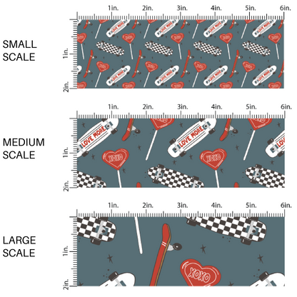 dark blue fabric scaling guide with heart shaped lollipops and checkered skateboards
