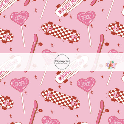 Tiny stars with red and white checker skateboards and pink XOXO candy bow strips.