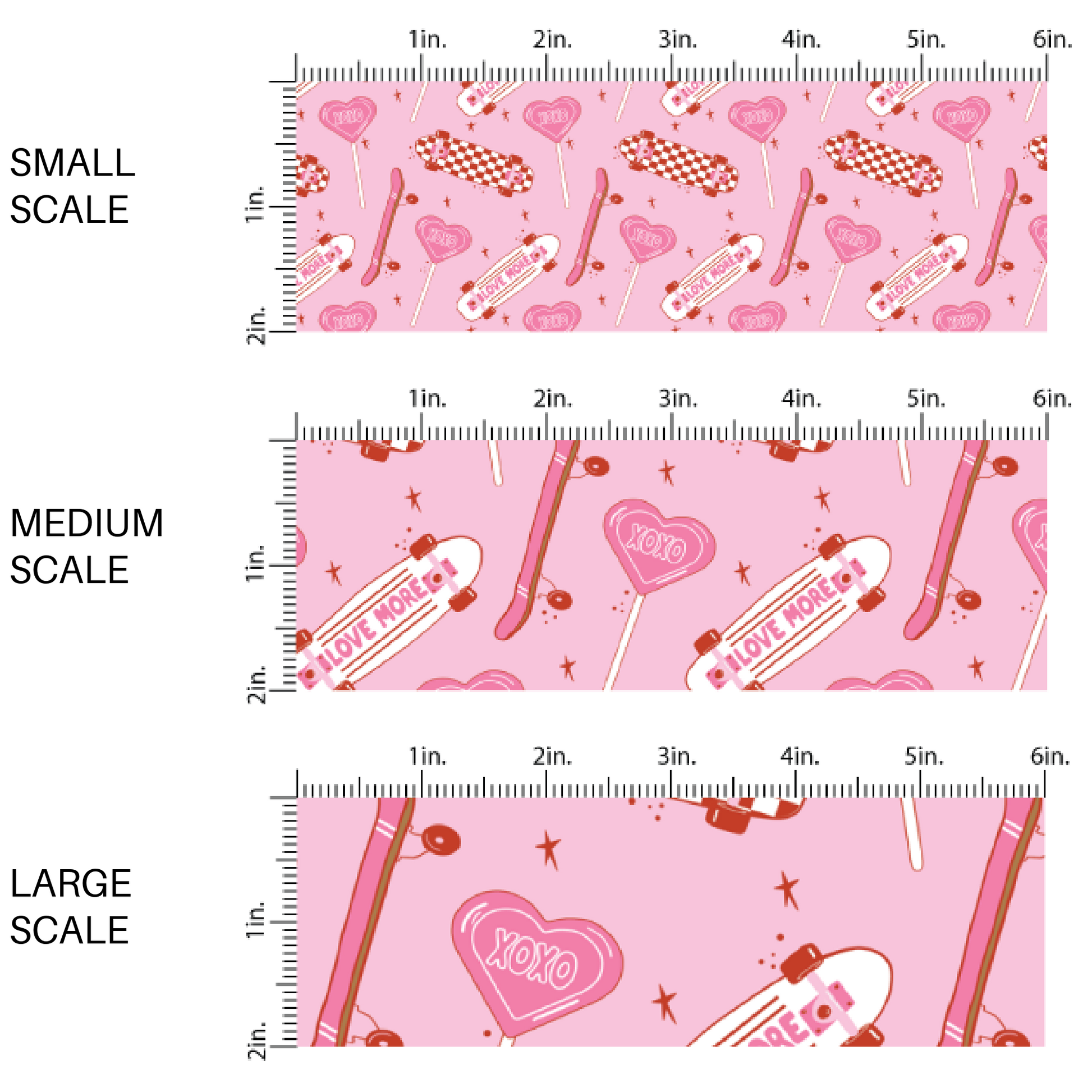 Pink fabric image guide with pink skateboards and red and white checkered skateboards - Fabric by the Yard Scaling 