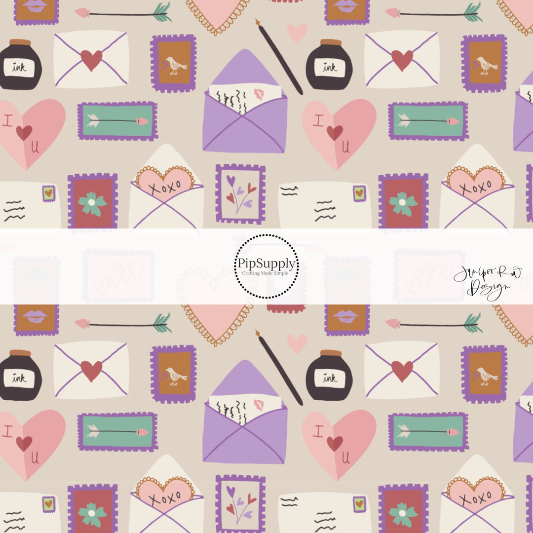 Opened mail with black ink pen and purple outlined stamps on cream bow strips