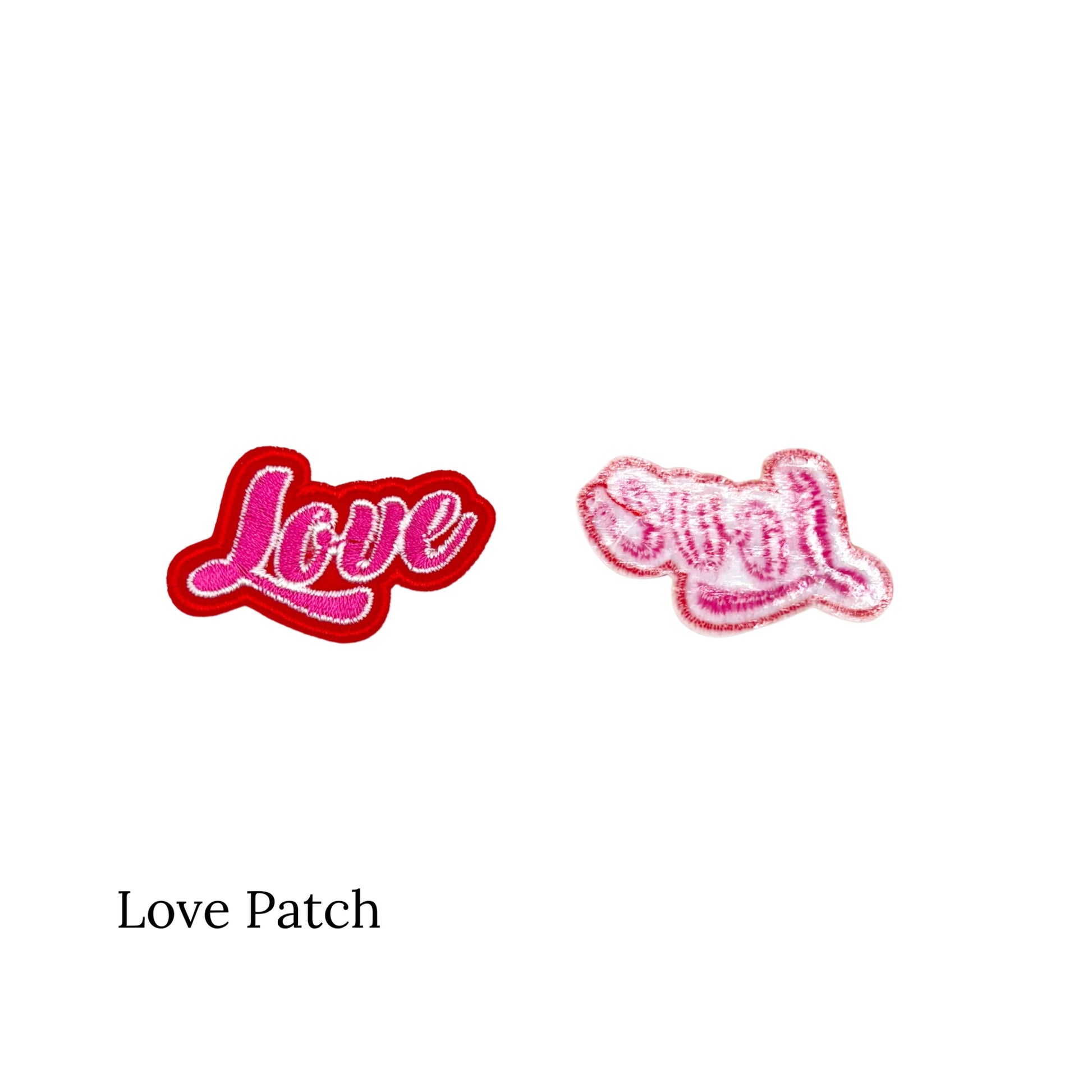 Pink and red embroidered valentine's day iron on that says "love" (front and back)