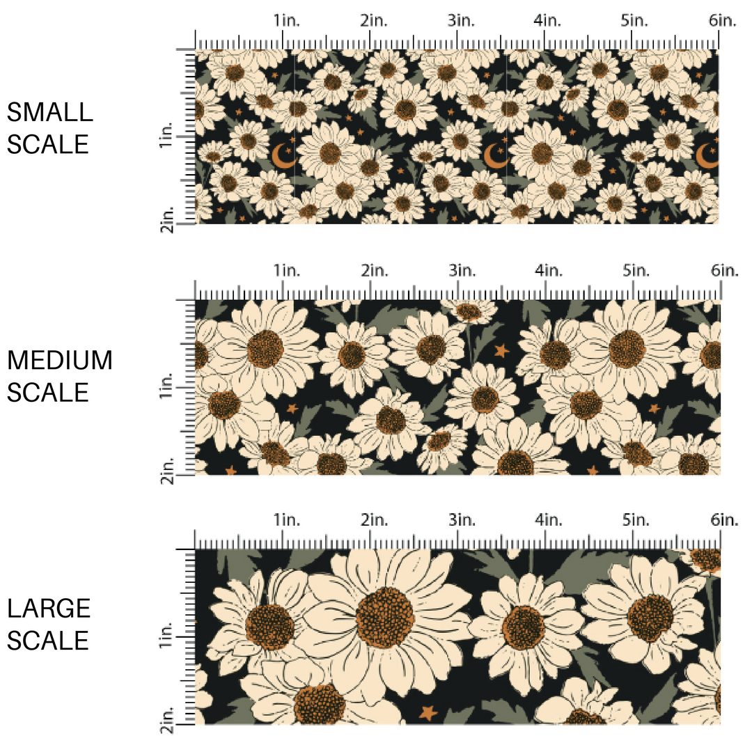 Cream colored daisies with orange stars on black fabric