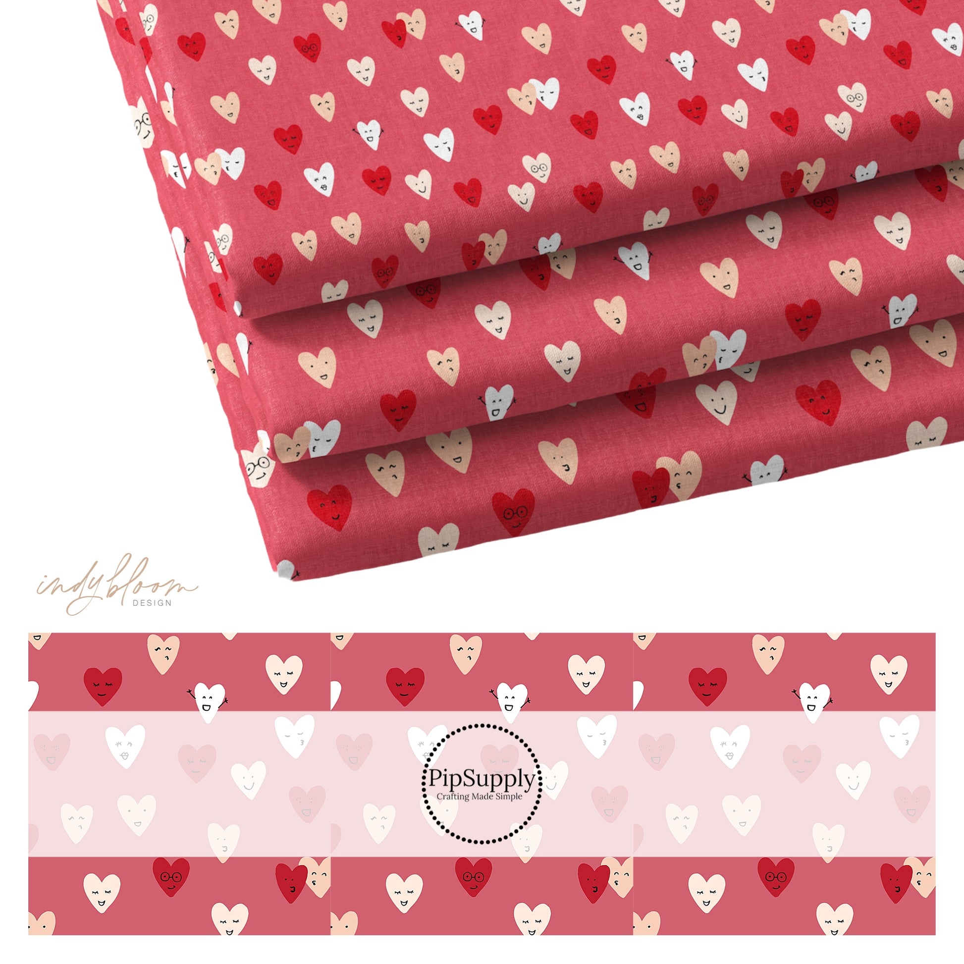 Magenta colored fabric with animated red and white hearts