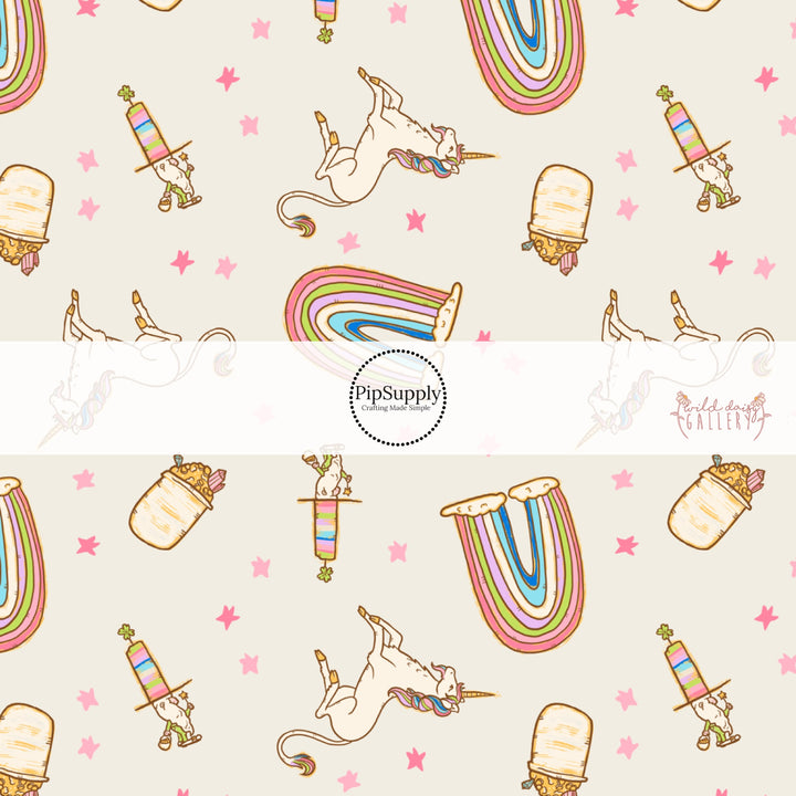 Bright rainbows with unicorn that has rainbow hair with a pot of gold and a leprechaun with a shamrock rainbow hat