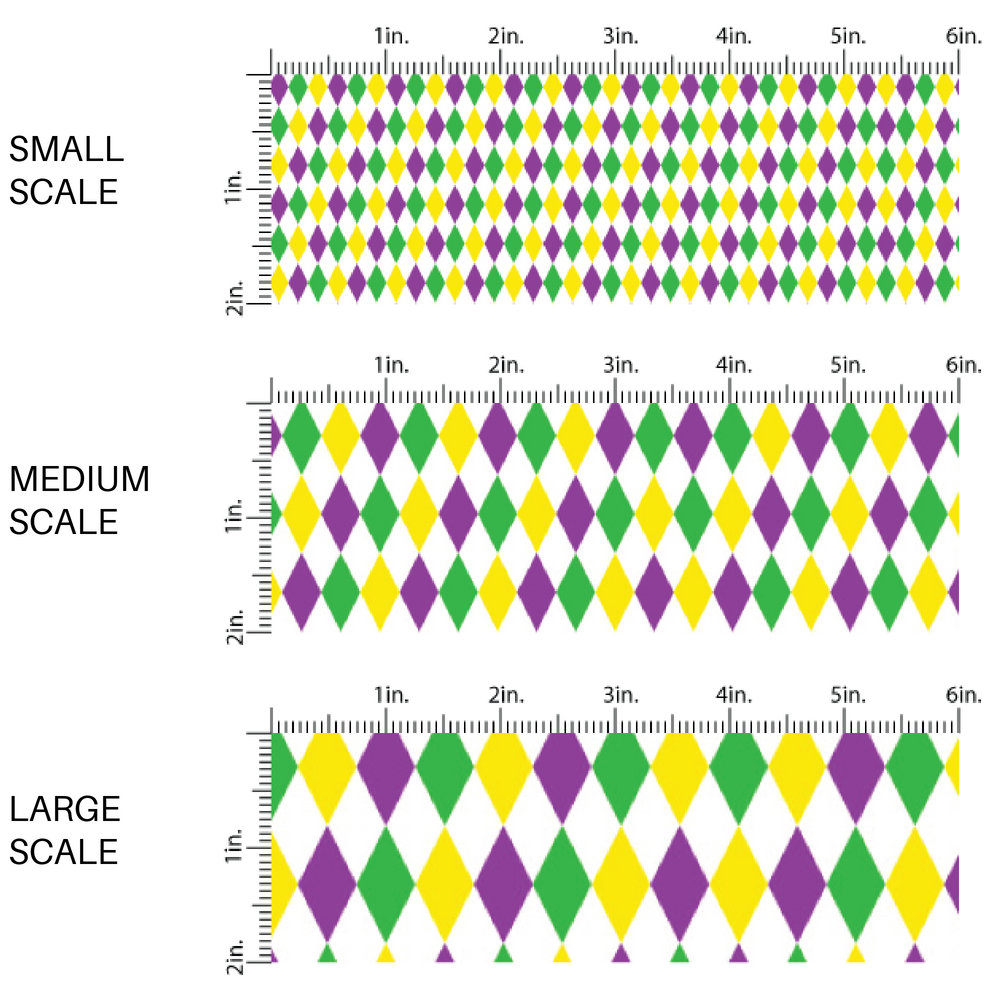 Purple, yellow, and green repeating diamond pattern on a white fabric by the yard  scaled image guide
