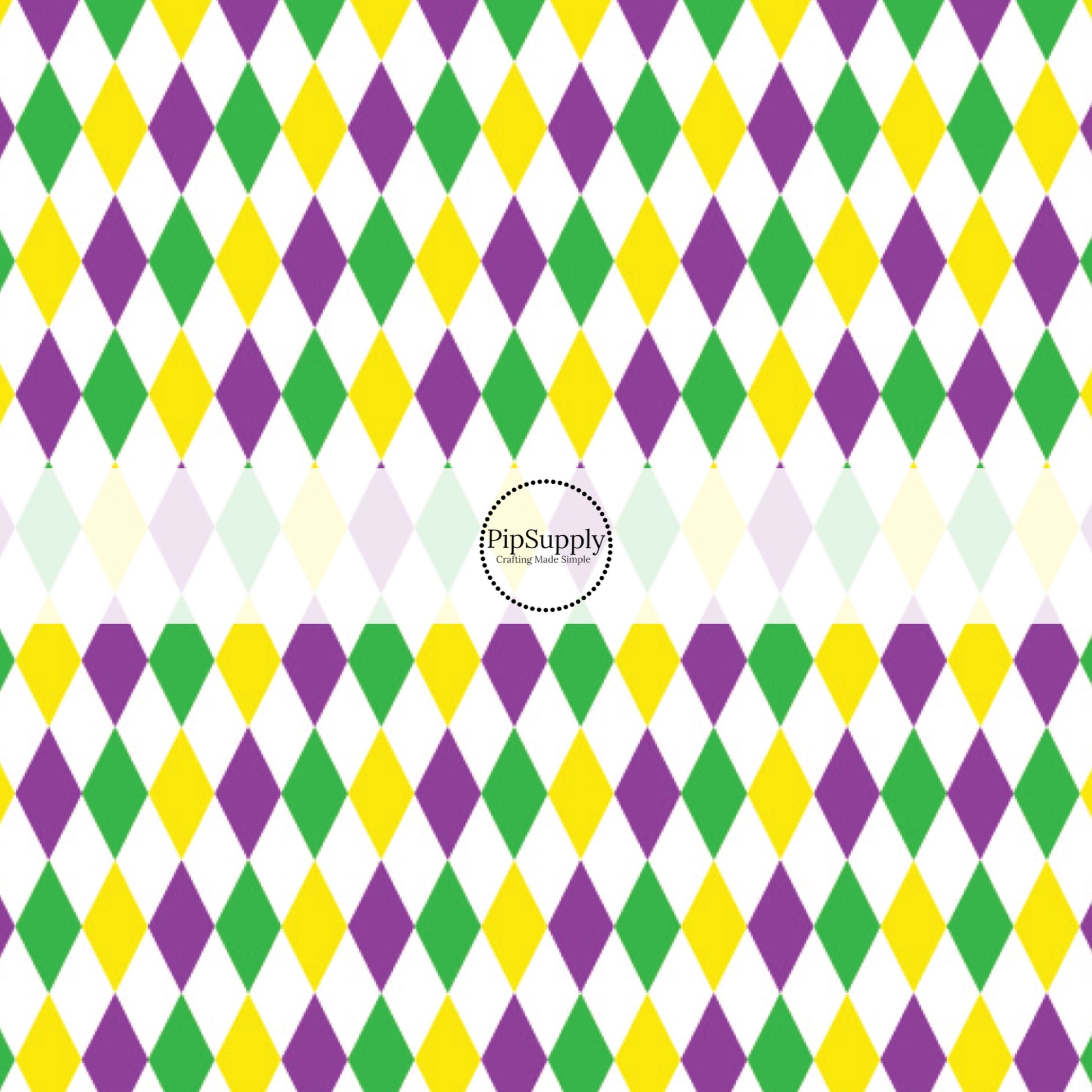 Purple, yellow, and green repeating diamond pattern on a white fabric by the yard