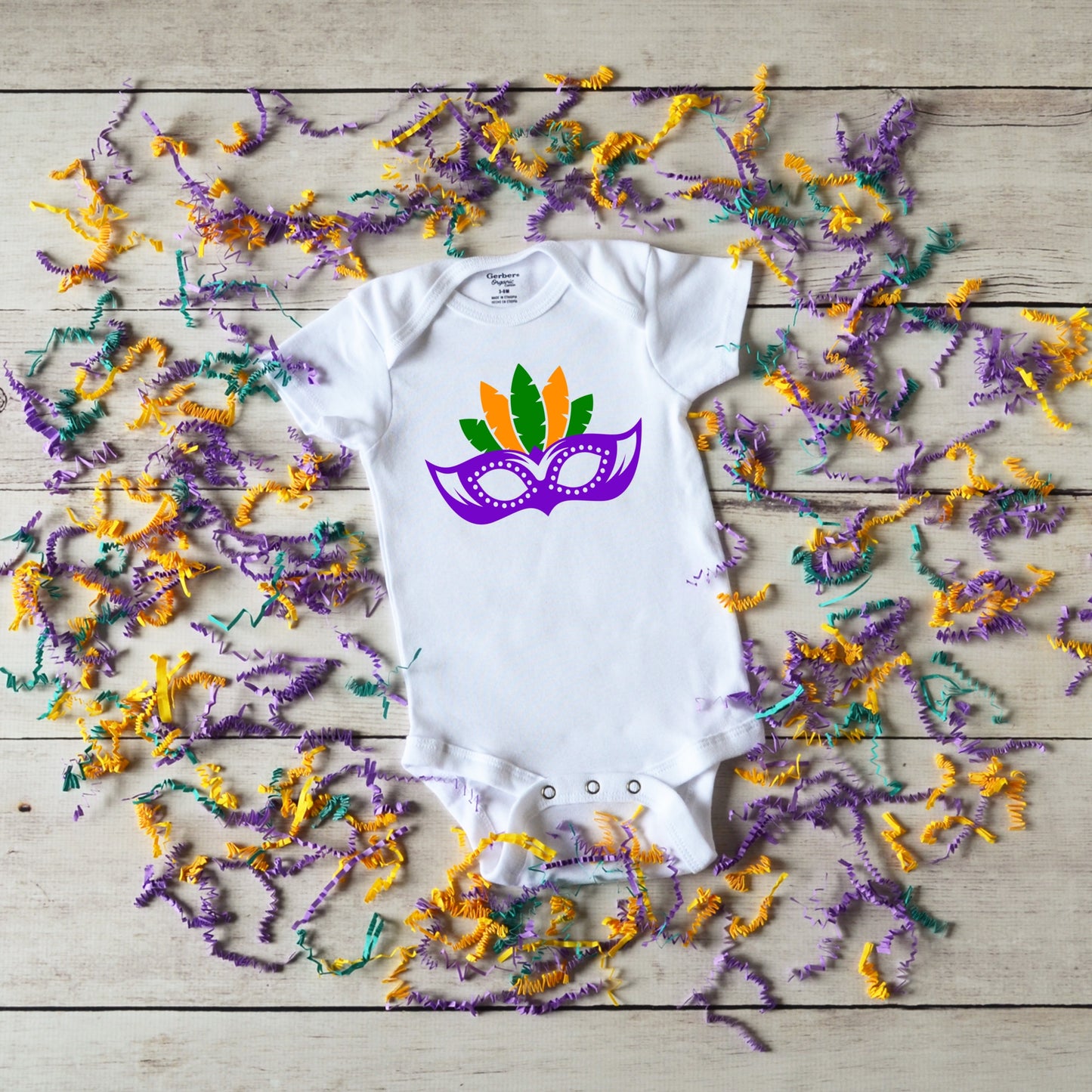 Purple Mardi Gras mask with green and gold feathers iron on heat transfer