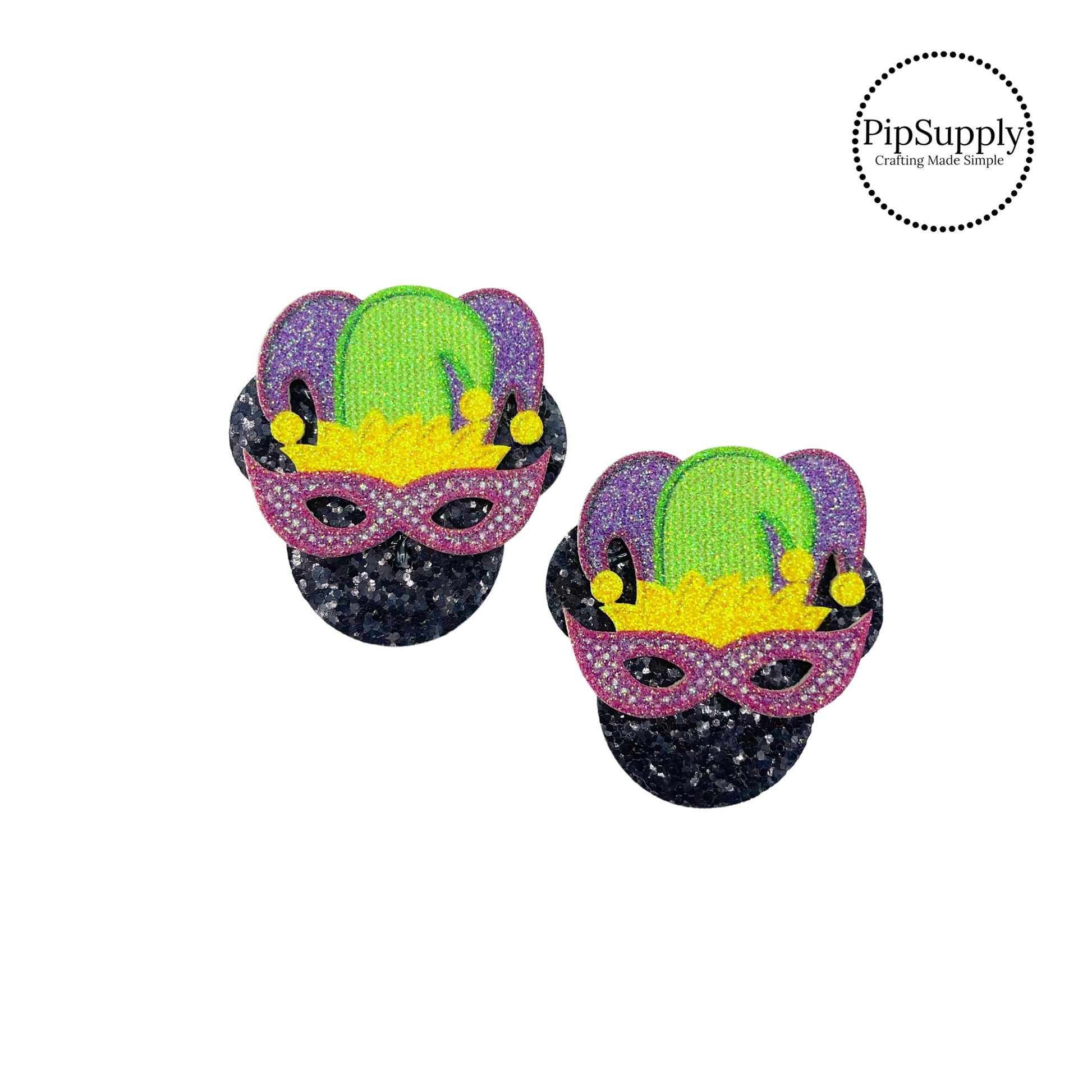 Black glitter mouse head with purple and green mask and hat embellishment