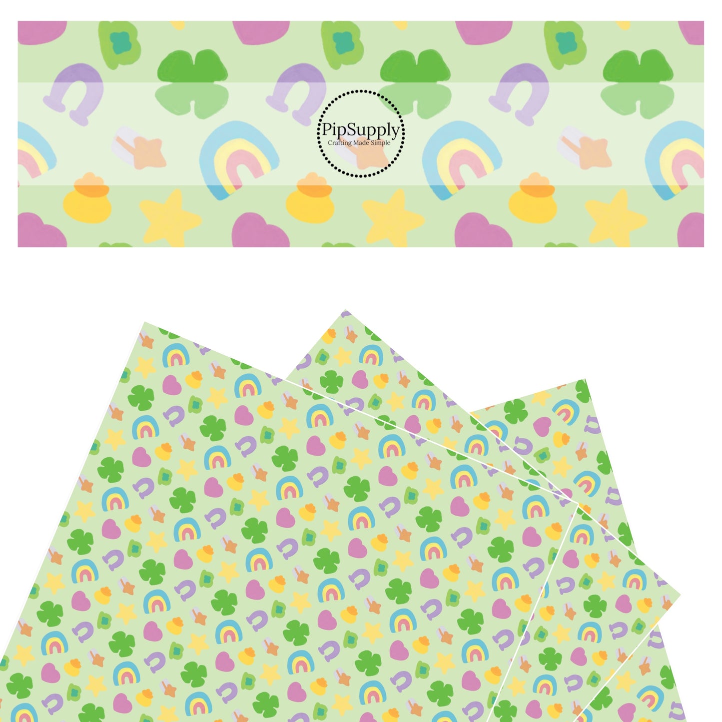 Purple horseshoe, gold stars, pink hearts, clovers, lucky hat, and rainbows marshamllow charms on a light green faux leather sheet