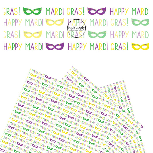 Mardi Gras written in capital letters that are purple, green, and yellow with purple, green, and yellow mask with polka dots on white faux leather sheets