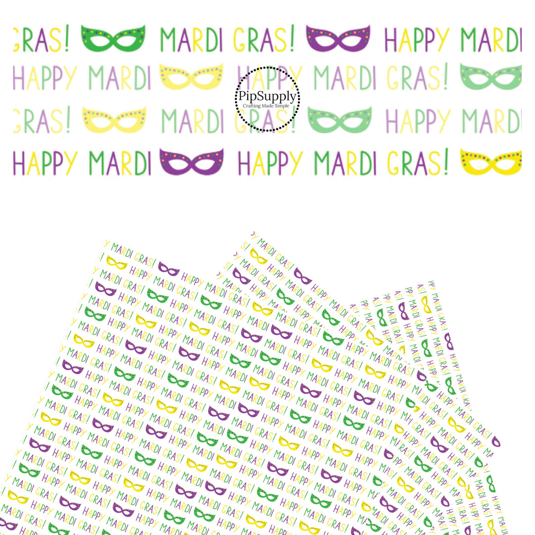 Mardi Gras written in capital letters that are purple, green, and yellow with purple, green, and yellow mask with polka dots on white faux leather sheets