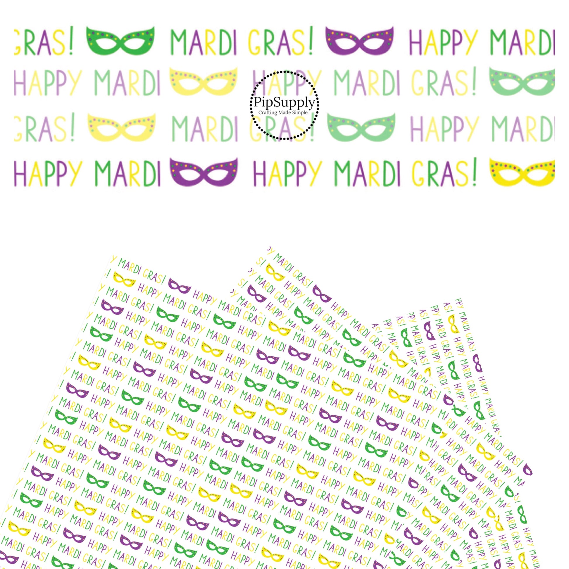 Mardi Gras written in capital letters that are purple, green, and yellow with purple, green, and yellow mask with polka dots on white faux leather sheets