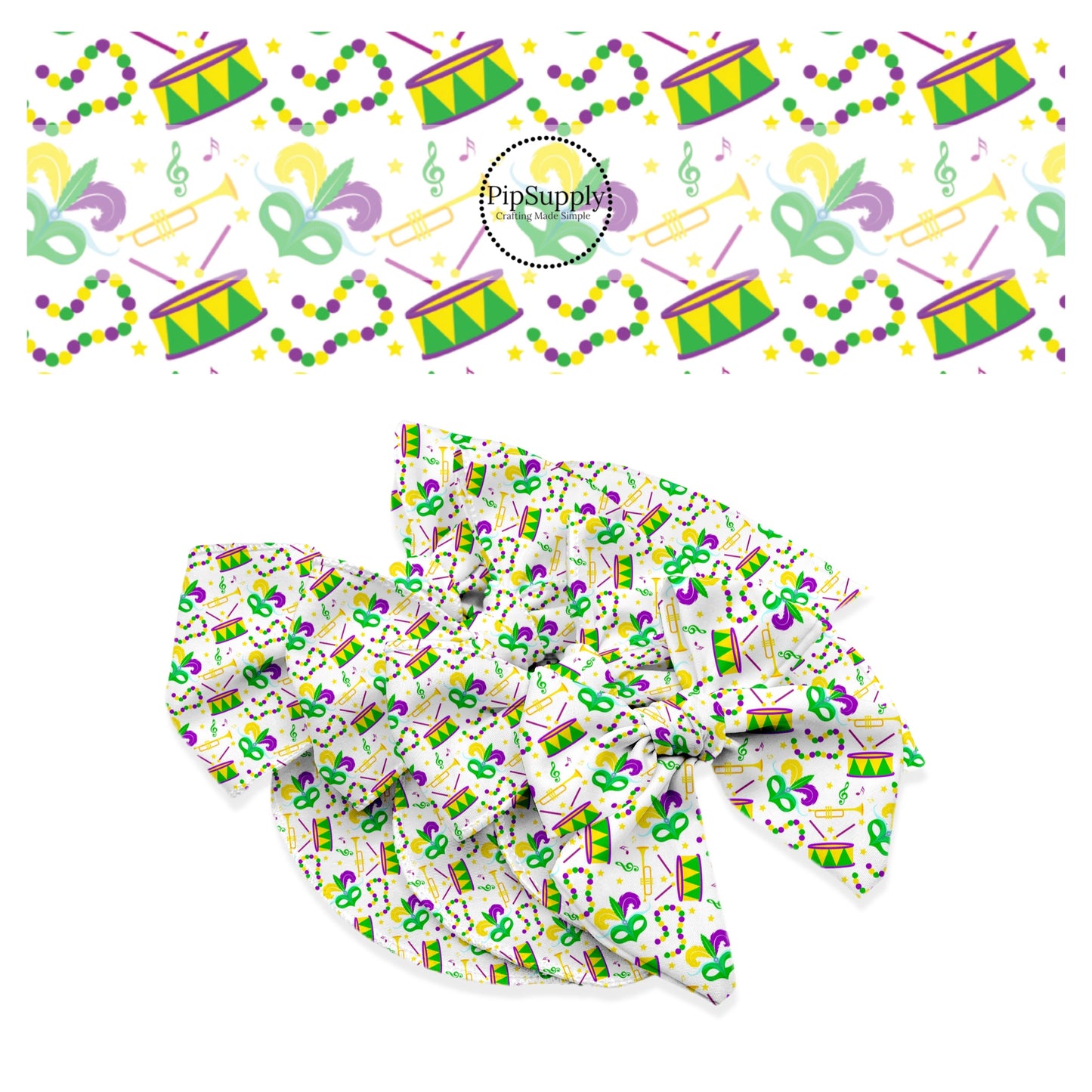 Green and yellow drums with purple sticks and green mask with green, yellow, and purple feathers. With green, yellow, and purple bead necklace and green and purple music notes and trumpet bow strips