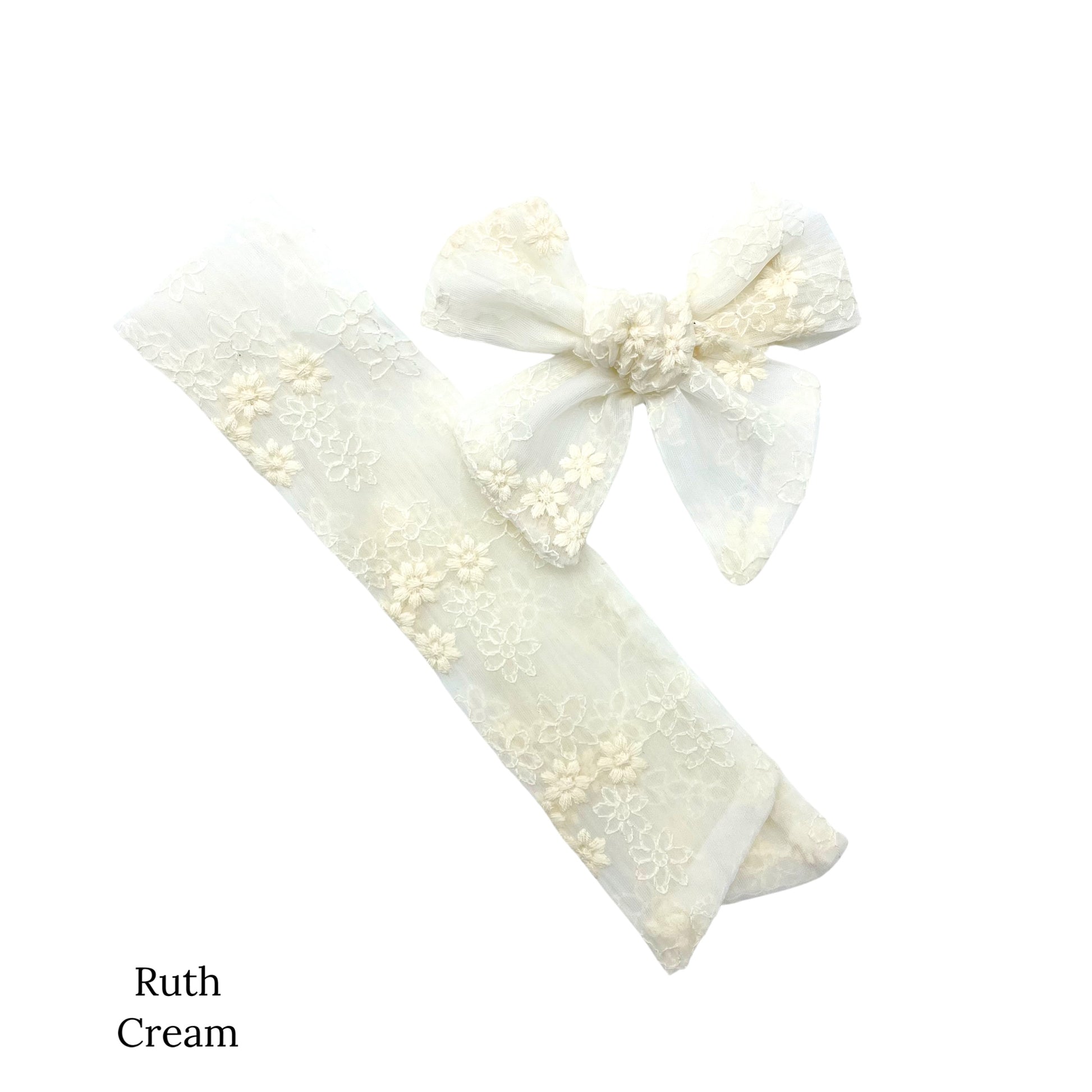 Meadow floral organza bow strips. Cream colored sailor bow strip.