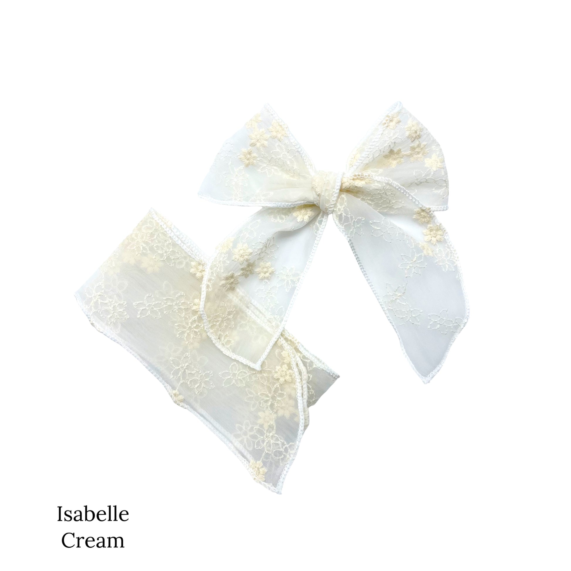 Meadow floral organza bow strips. Cream colored serger bow strip.