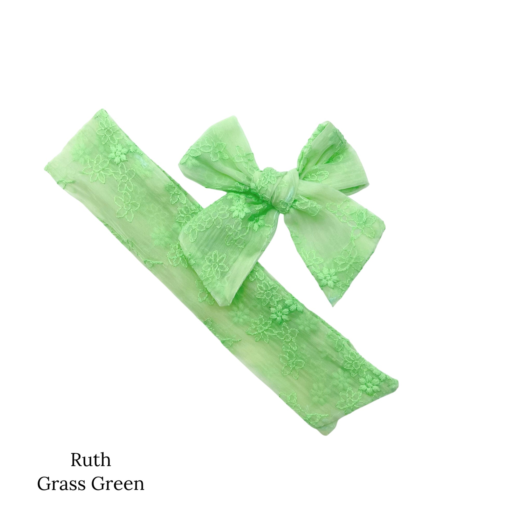 Meadow floral organza bow strips. Grass green colored sailor bow strip.