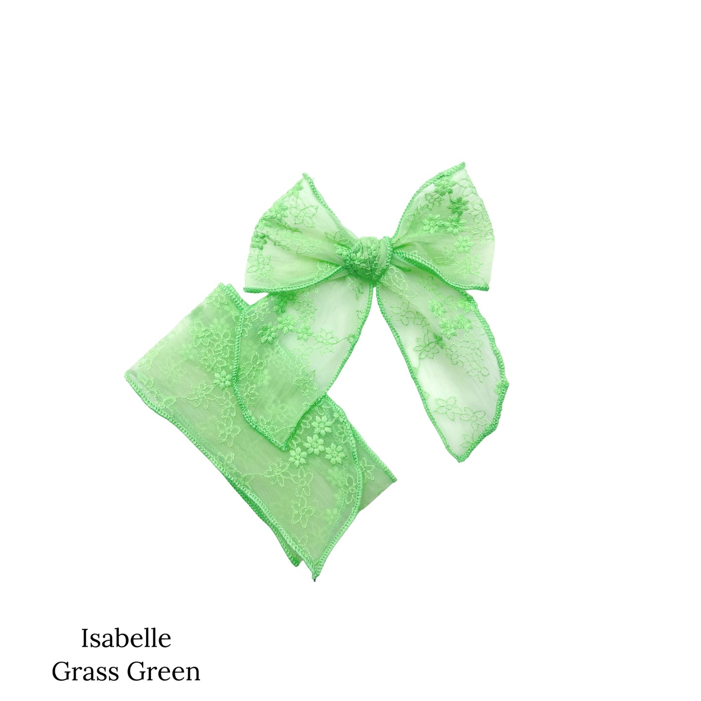 Meadow floral organza bow strips. Grass green colored serger bow strip.