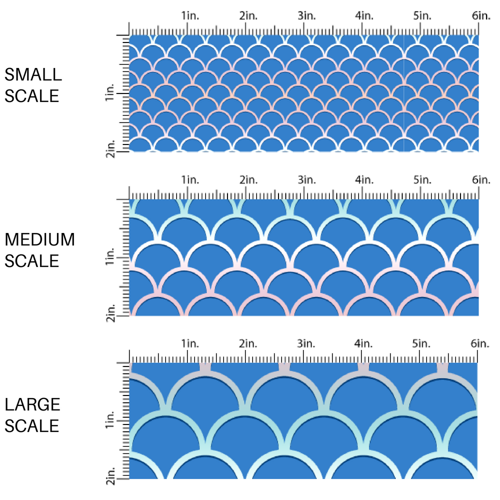 Royal blue mermaid scales with ombre rainbow outlines fabric by the yard scaled image guide.