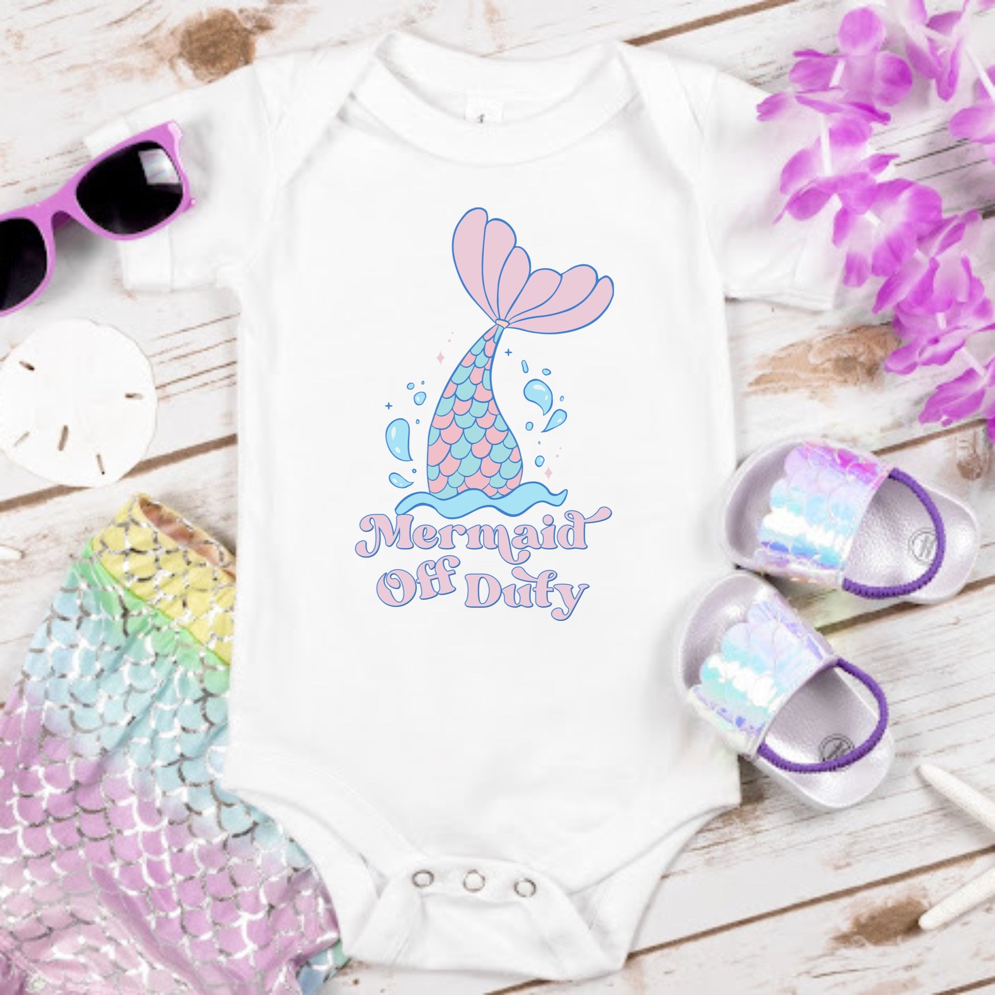 Mermaid tail in water and the phrase "Mermaid Off Duty" Iron On Heat transfer 