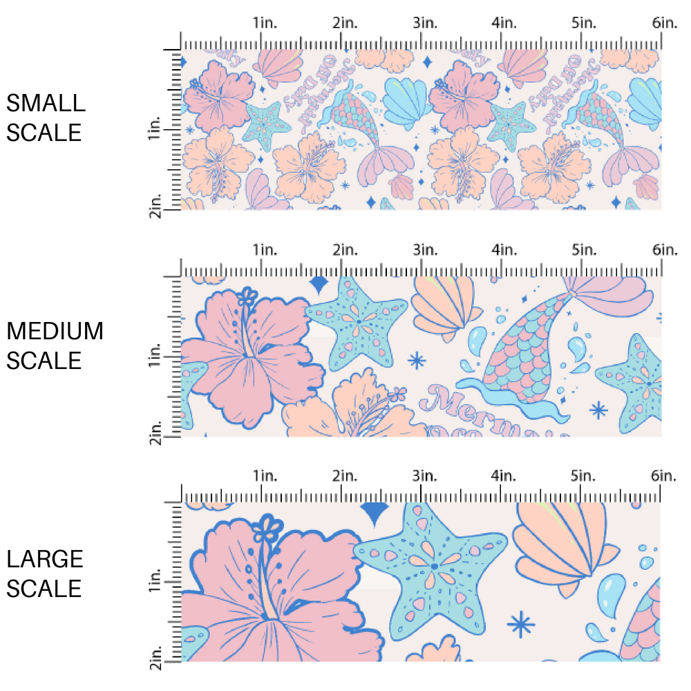 White fabric by the yard scaled image guide with pastel colored mermaid tails, seashells, and flowers.