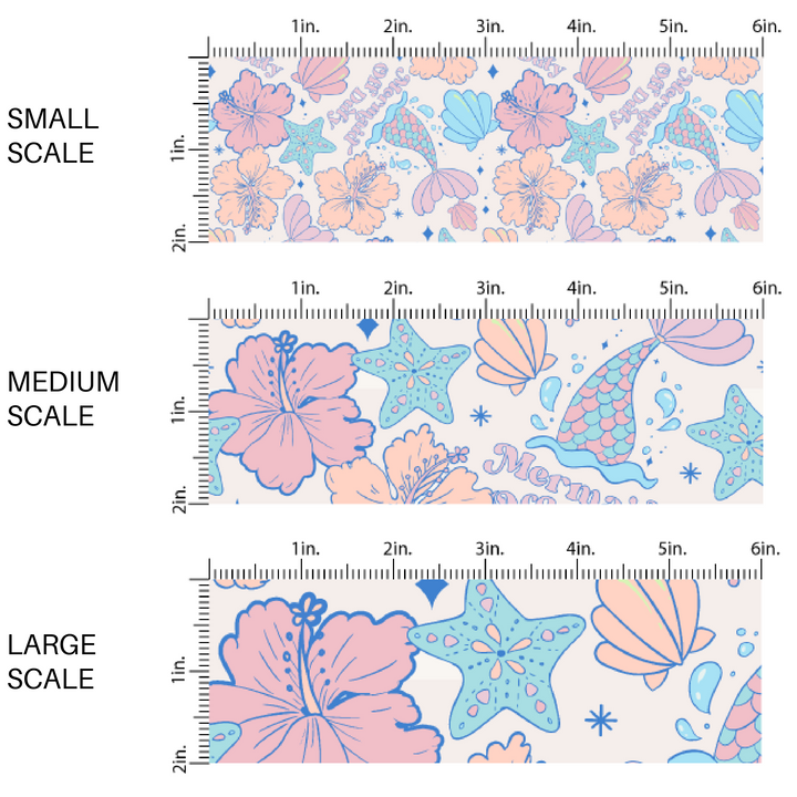 White fabric by the yard scaled image guide with pastel colored mermaid tails, seashells, and flowers.