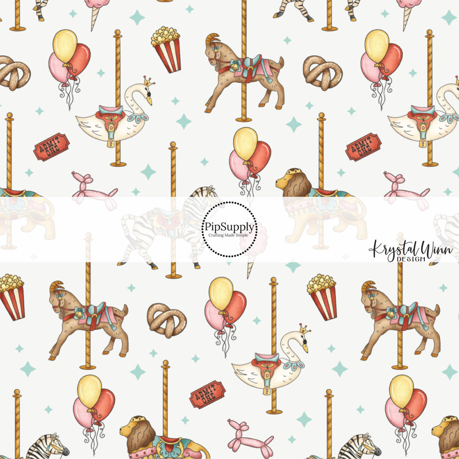 Cream fabric by the yard with carousel rides and fair food. Zebra, Horse, Lion, Swan Carousal. 