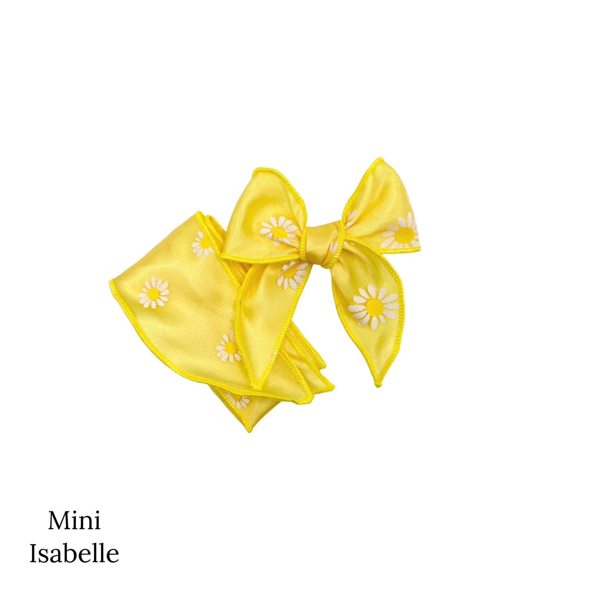 Yellow tulle bow with white daisies with yellow center on a mini isabelle bow strip