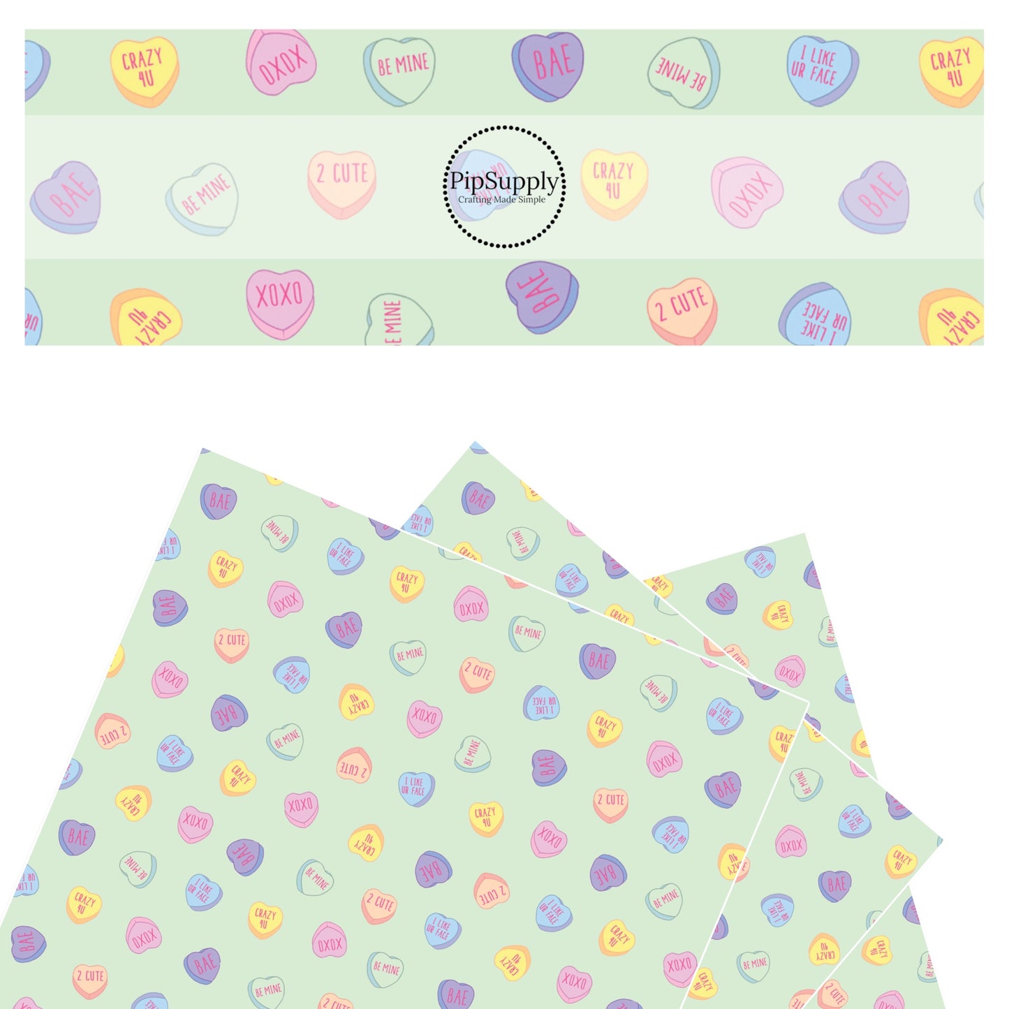 Purple, blue, yellow, orange, and pink hearts with words on a mint faux leather sheet
