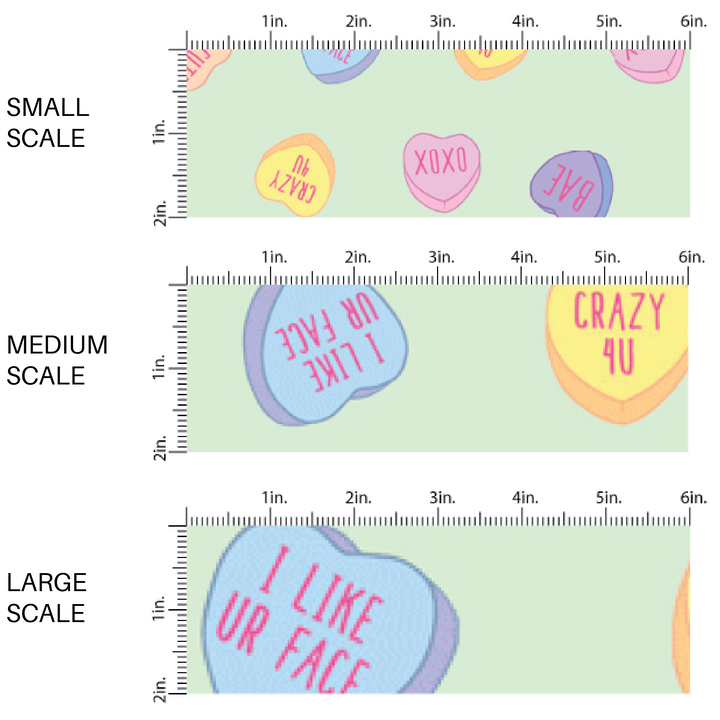 Green scaled fabric by the yard image guide with pastel conversation hearts