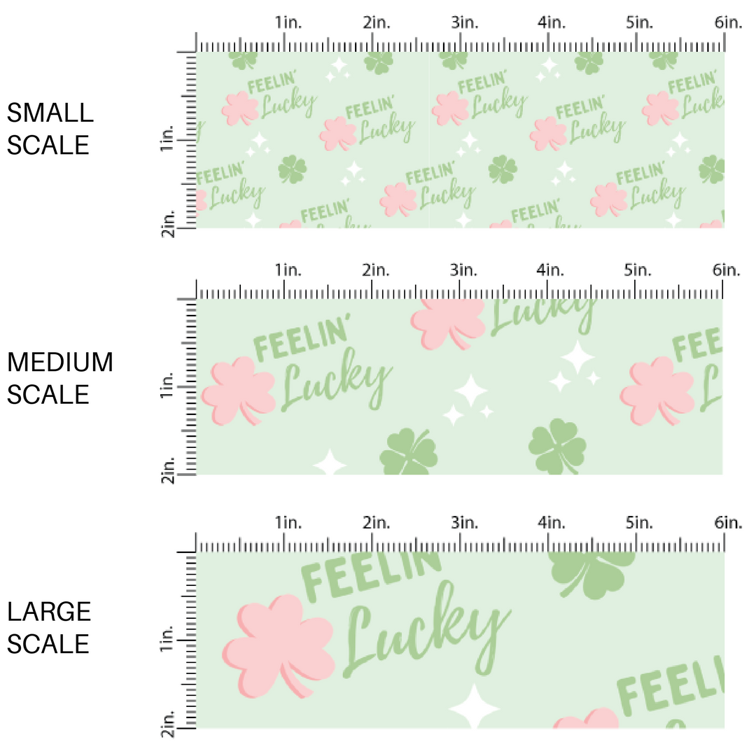 Scaled Image guide green fabric by the yard with pink and green shamrocks and the phrase "Feelin' Lucky"