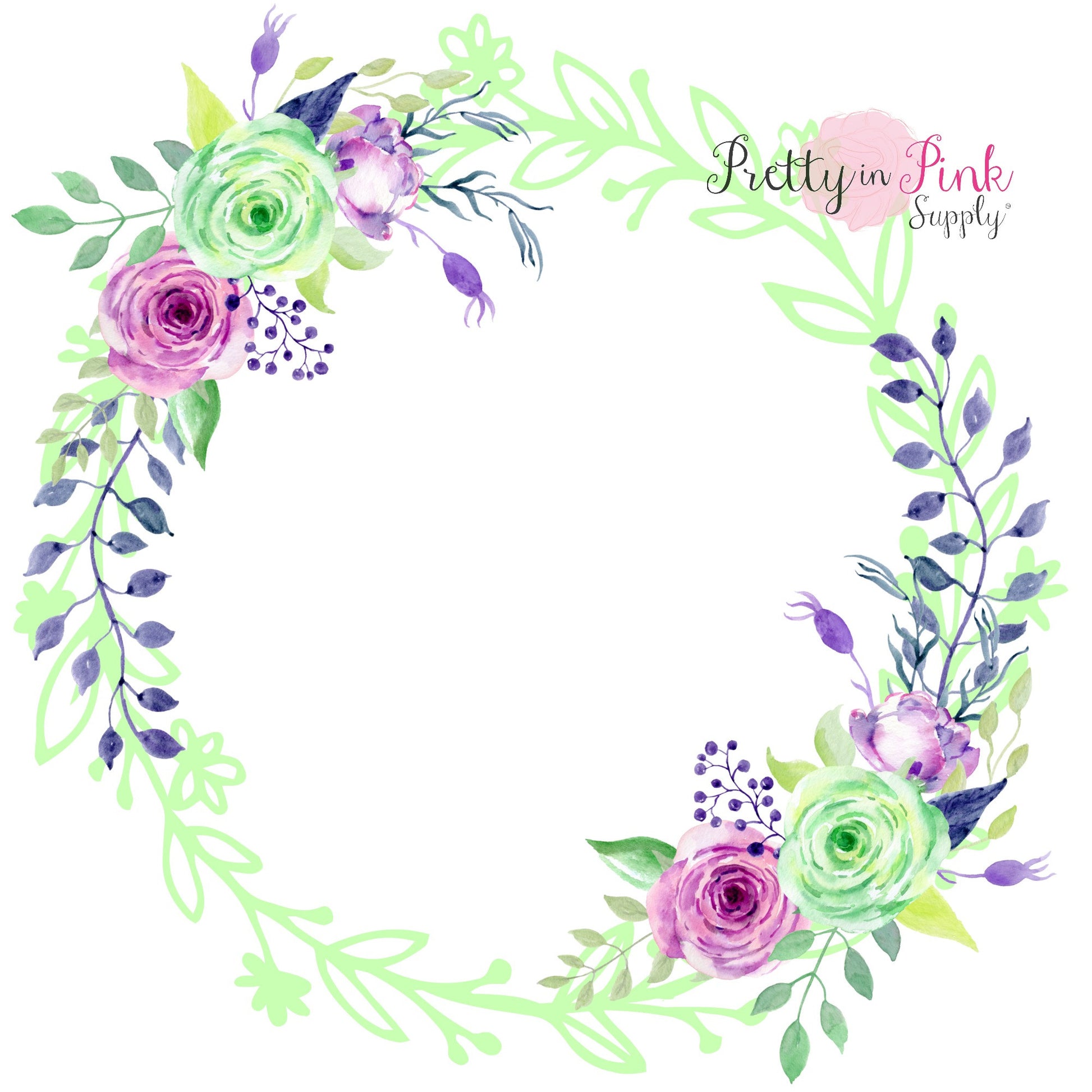Mint/Orchid Blank Center Floral Wreath Iron On - Pretty in Pink Supply
