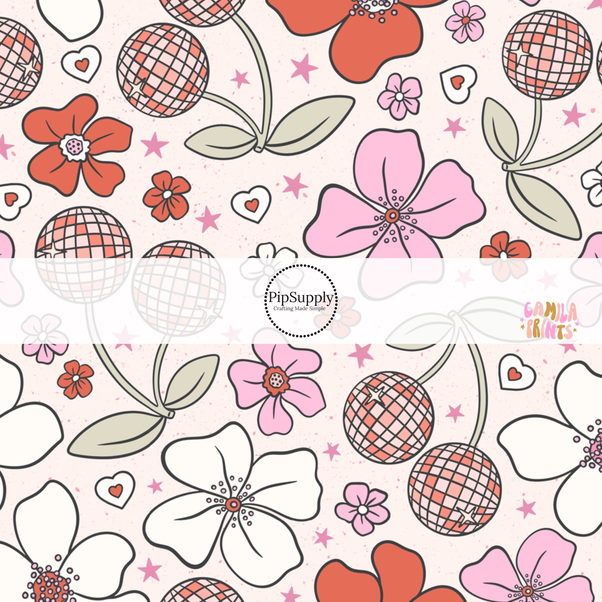 White Fabric with Floral designs and cherry disco balls - Fabric by the Yard 