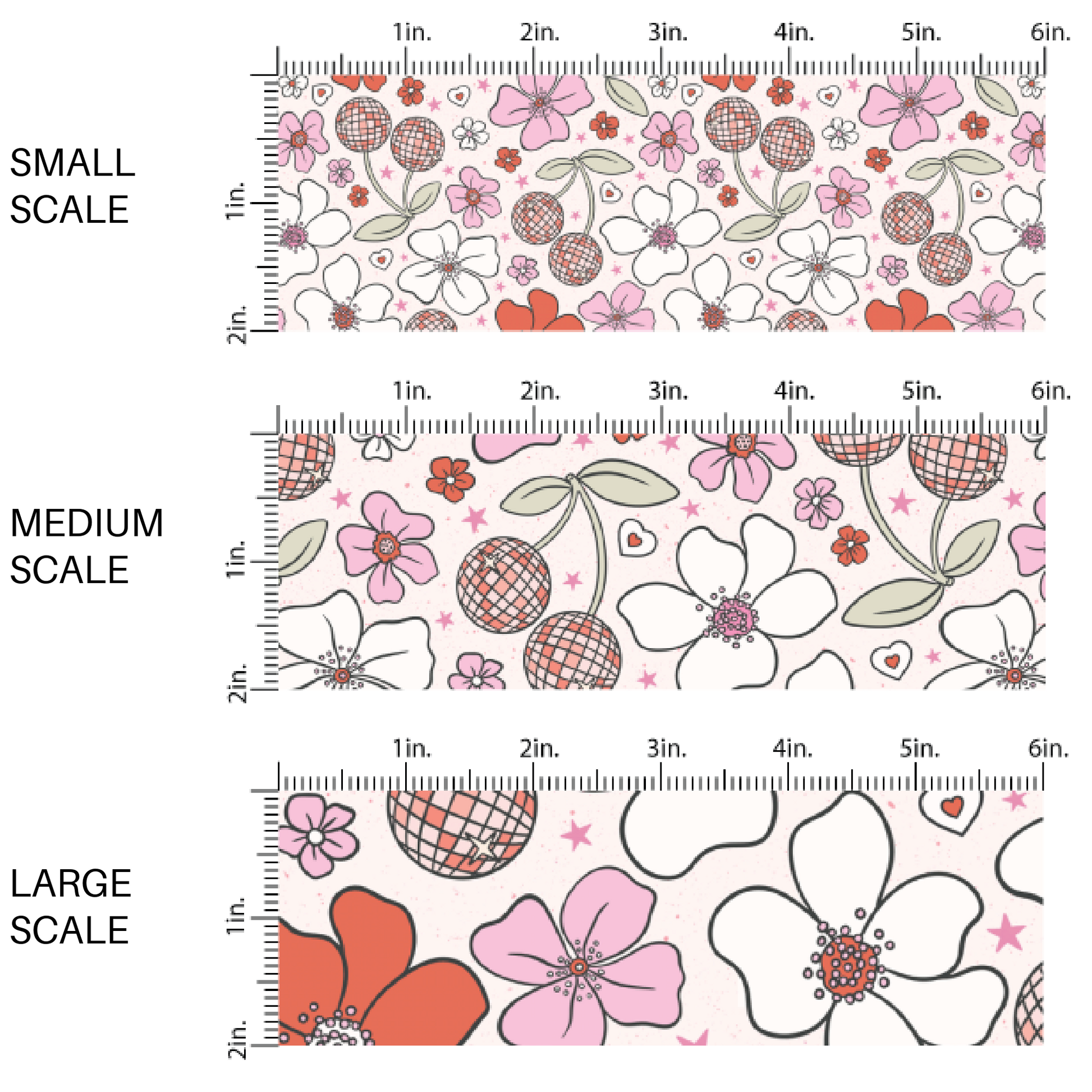 White Fabric with Floral designs and cherry disco balls image guide -Fabric by the Yard Scaling Sizes 