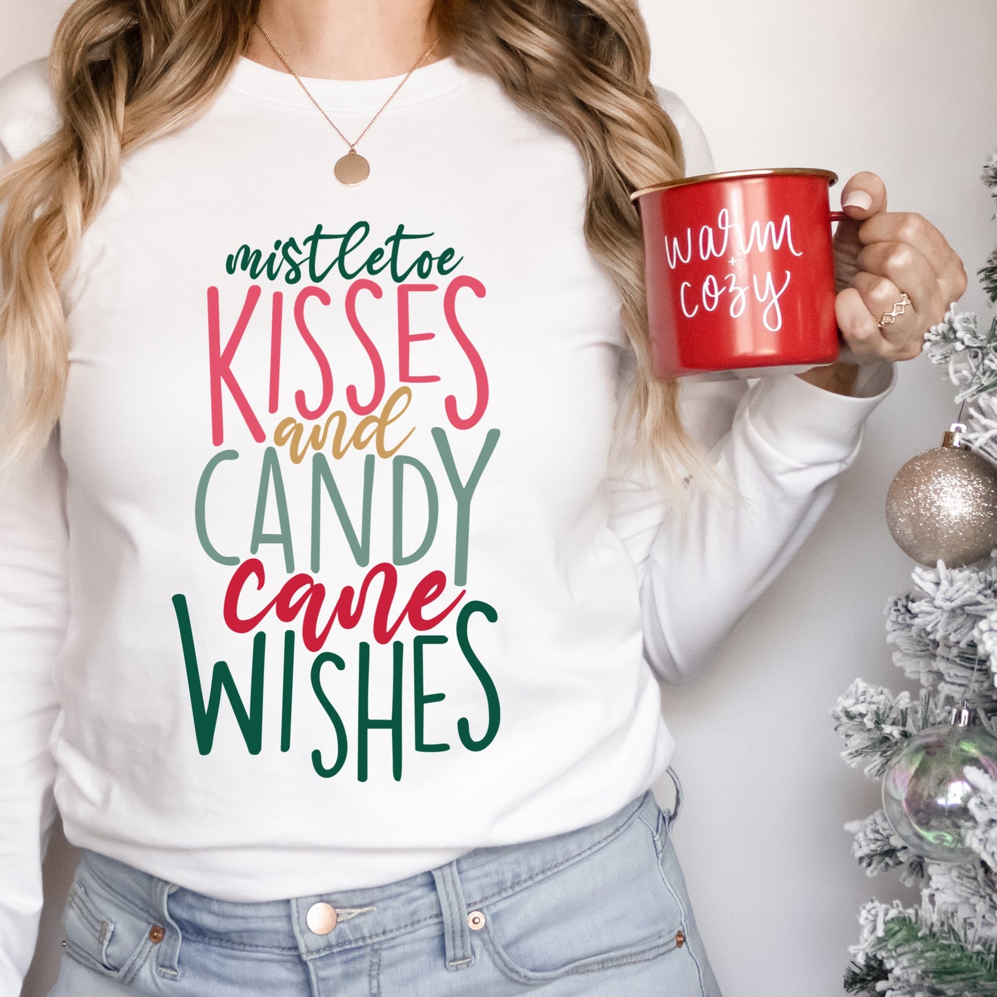 Christmas Iron-On Graphic with the words "Mistletoe kisses and Candy Cane wishes" Iron on Transfer 