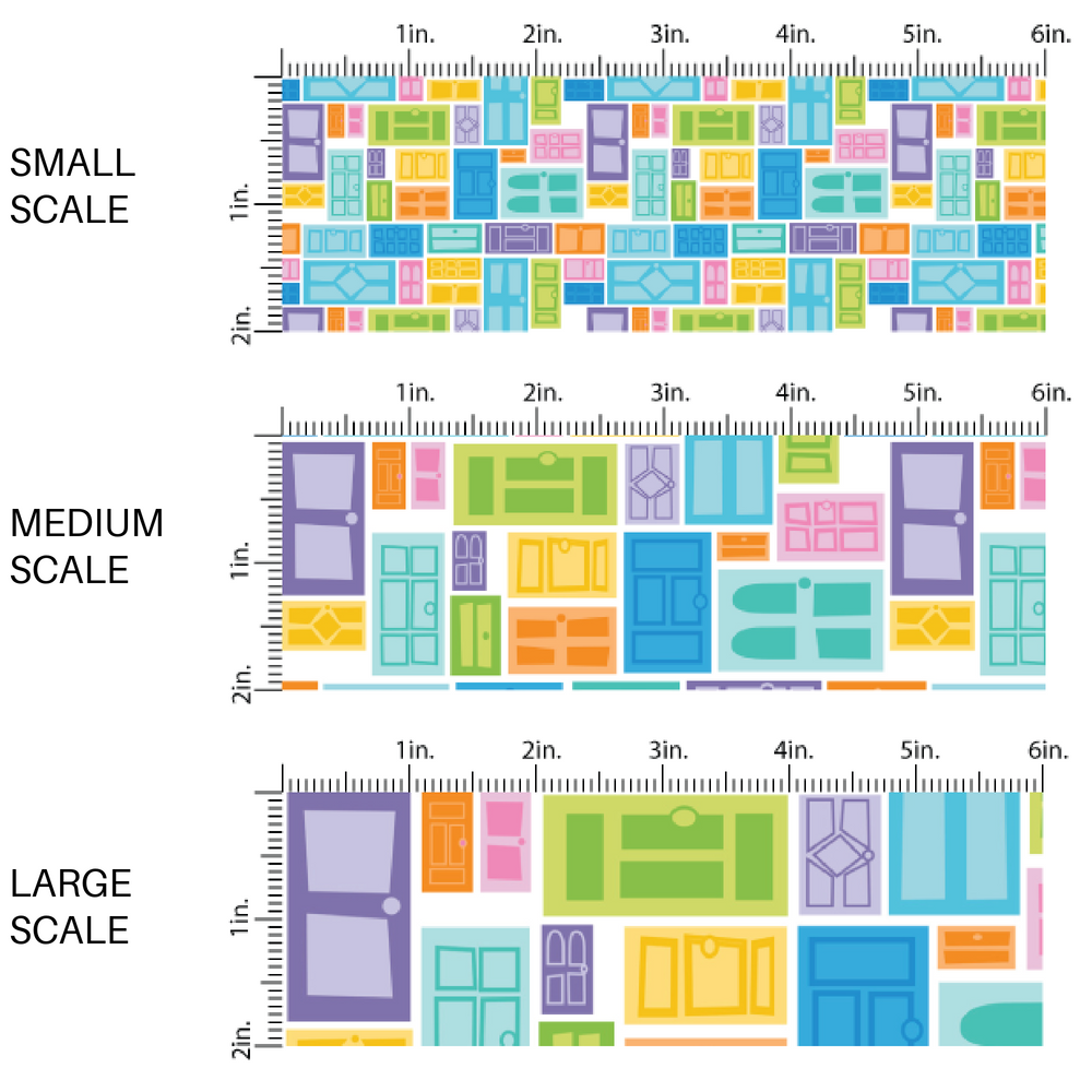 multi-colored doors on white fabric by the yard scaled image guide