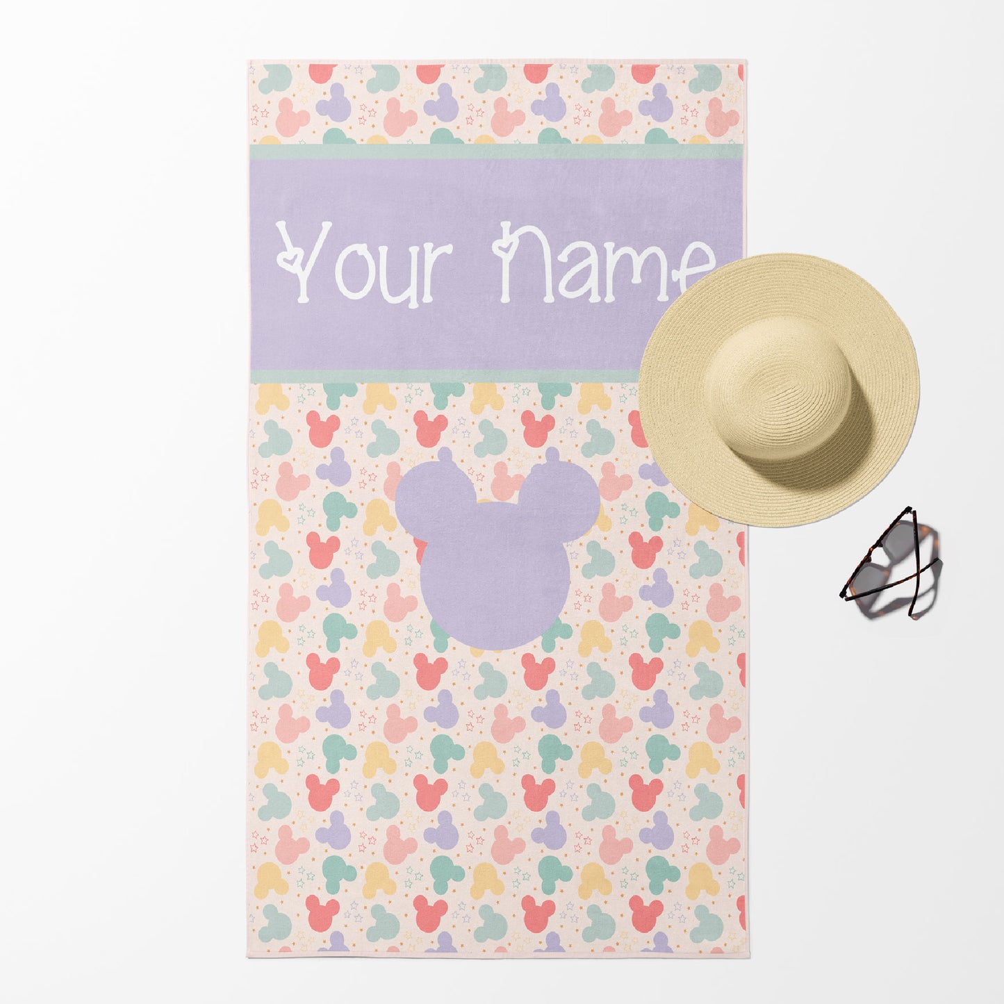 Mouse themed Personalized Beach Towel - Lavender Custom Printed Bead Towel 