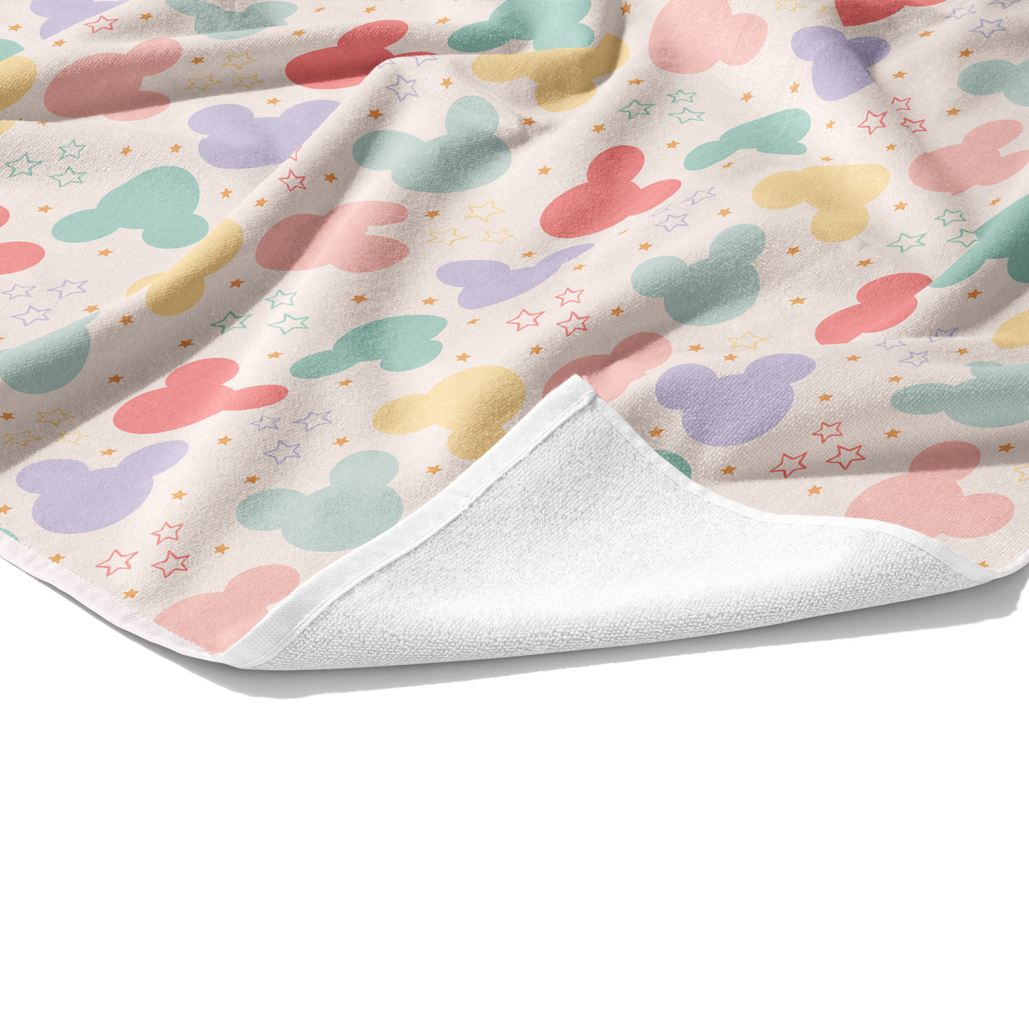 Cream Mouse themed beach towel with stars and pastel mouse heads scattered throughout 